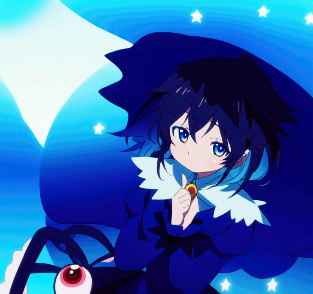 Anime girl with blue hair and blue dress, blue aura, from toho, ulcer toho, ulcer, ulcer from toho, toho character, an anime portrait of ulcer, toho, dreamy psychedelic anime, magical girl anime Mahou Shojo, Fubuki, an aura of magic around her, black-haired magician