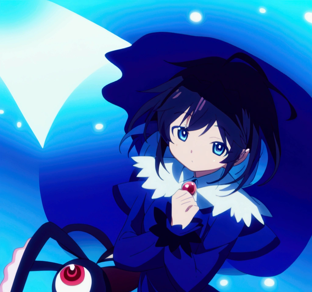 Anime girl with blue hair and blue dress, blue aura, from toho, ulcer toho, ulcer, ulcer from toho, toho character, an anime portrait of ulcer, toho, dreamy psychedelic anime, magical girl anime Mahou Shojo, Fubuki, an aura of magic around her, black-haired magician