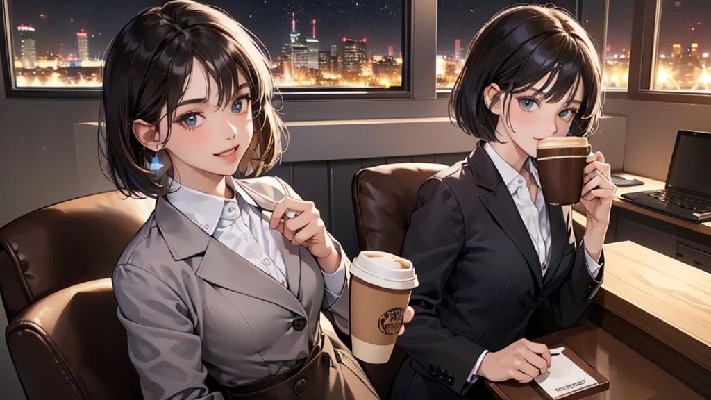 (perfect anatomy:1.2)(absurdres, highres, ultra detailed),masterpiece,best quality,high resolution,8k,Realistic face,Realistic skin texture,magnified textures, stunning clarity,detailed anime girl,(ultra detailed eyes and face),(1 girl:1.8),21 years old,office worker,black hair, bob cut,natural make,grey jacket,grey pants,black brouse,sparkling eyes.small nose,roundface,(it corporate office:1.3)standing,brown bag,(No one in the city office:.2),(night),(look at viewer),(Coffee is offered to the VIEWER :1.5)(Happy Smile:1.2)(bashful:1.2),upper body