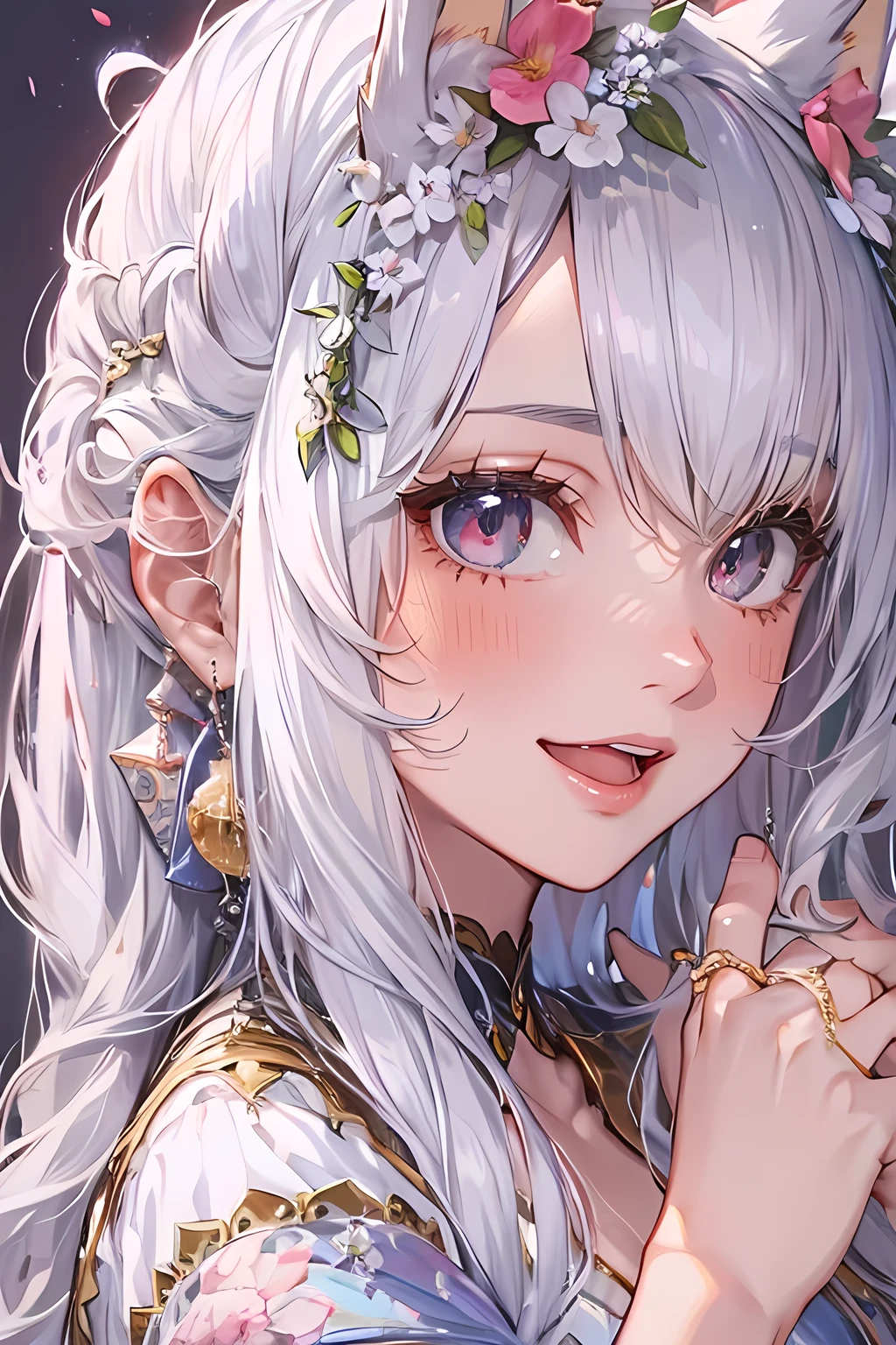 a beautiful young girl with silver hair in a ponytail, anime-style wolf ears, slightly open mouth, character design, flower crown, cute, (best quality,4k,8k,highres,masterpiece:1.2),ultra-detailed,(realistic,photorealistic,photo-realistic:1.37),highly detailed face, extremely detailed eyes and face, longeyelashes, flawless skin, intricate details, beautiful detailed lips, soft lighting, cinematic, fantasy, whimsical, vibrant colors, warm color palette