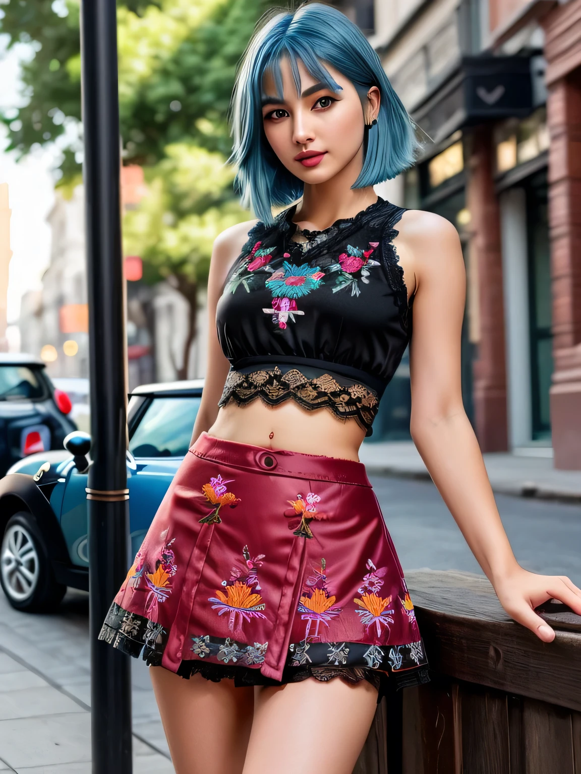 (blue hair:1.4), short hair, realistic green eyes, cobalt hair, long bob hair, tousled hair, shoulder length hair, Full body, woman with white skin and Asian features, 24 year old, big breast. She has a small, elegant nose with a slight upward curve at the tip. Her lips are full and naturally pink, with a well-defined Cupid's bow. Her teeth are straight and white, enhancing her captivating smile. Her face has an oval shape with high cheekbones that add to her model-like appearance. highly detailed glowing eyes, specular light, extreme quality, crystal clear, cute face, detailed skin pores, oil Dark skin, brown, complex eye details, 8K, (masterpiece:1.3), ultra detailed, ultra high res, (realistic, photo realistic:1.37), high detail RAW color photo, professional photograph, 1 girl with a perfect body, super fine face and eyes, (dark makeup, pink lipstick, eyeliner), ((cowboy shot)), (perfect proportions), (anatomically correct), ((view the viewer)), (embroidered lace ethereal tanktop:1.4) black, silver Color, ((red, (black mini skirt embroidered lace:1.3))), ((Valley exposure)), beautiful cheekbones, (slim belly:1.2), (narrow waist:1.4), The attention to detail, On the street, (short hair:1.2), (short hair:1.3), (short hair:1)