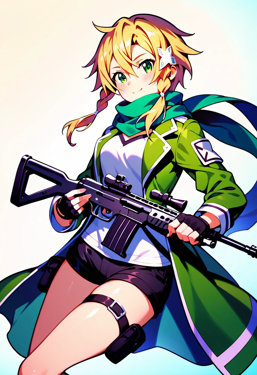 Chinon from Sword Art Online, (holding a rifle: 1.2), masterpiece, Highest quality, High Resolution, 1 Girl, Chinon 1, scarf, Fingerless gloves, Long sleeve, shorts, hair ornaments, Barrette, Green Neeso, Green jacket, Thigh straps, rifle, Ultimate Heckhart II, I&#39;m trying to shoot, Rooftop of a building, City in Ruins,