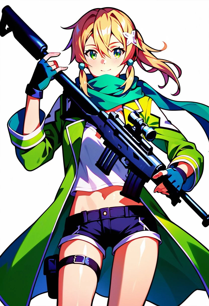 Chinon from Sword Art Online, (holding a rifle: 1.2), masterpiece, Highest quality, High Resolution, 1 Girl, Chinon 1, scarf, Fingerless gloves, Long sleeve, shorts, hair ornaments, Barrette, Green Neeso, Green jacket, Thigh straps, rifle, Ultimate Heckhart II, I&#39;m trying to shoot, Rooftop of a building, City in Ruins,