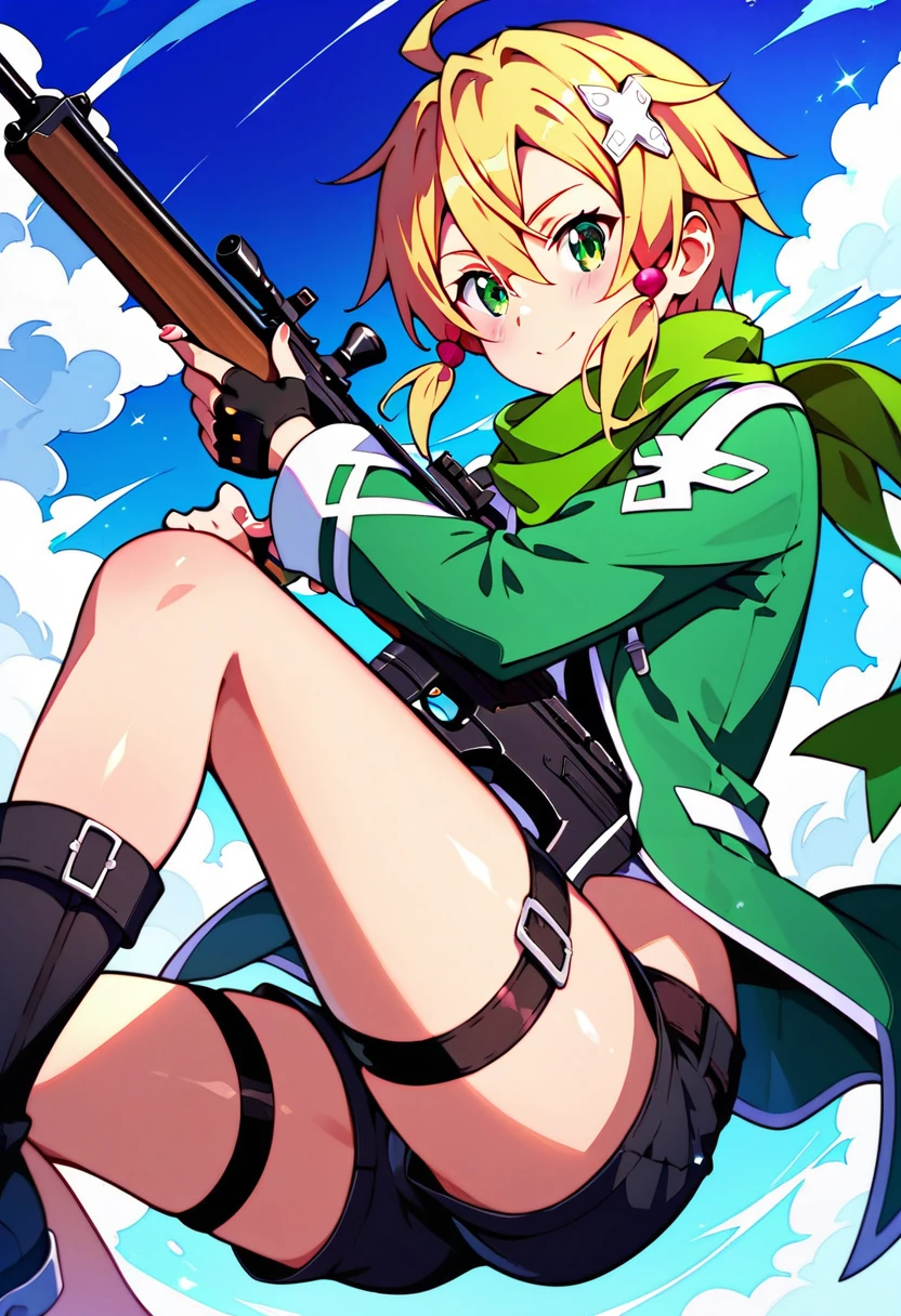 Chinon from Sword Art Online, (holding a rifle: 1.2), masterpiece, Highest quality, High Resolution, 1 Girl, Chinon 1, scarf, Fingerless gloves, Long sleeve, shorts, hair ornaments, Barrette, Green Neeso, Green jacket, Thigh straps, rifle, Ultimate Heckhart II, I&#39;m trying to shoot, Rooftop of a building, City in Ruins,