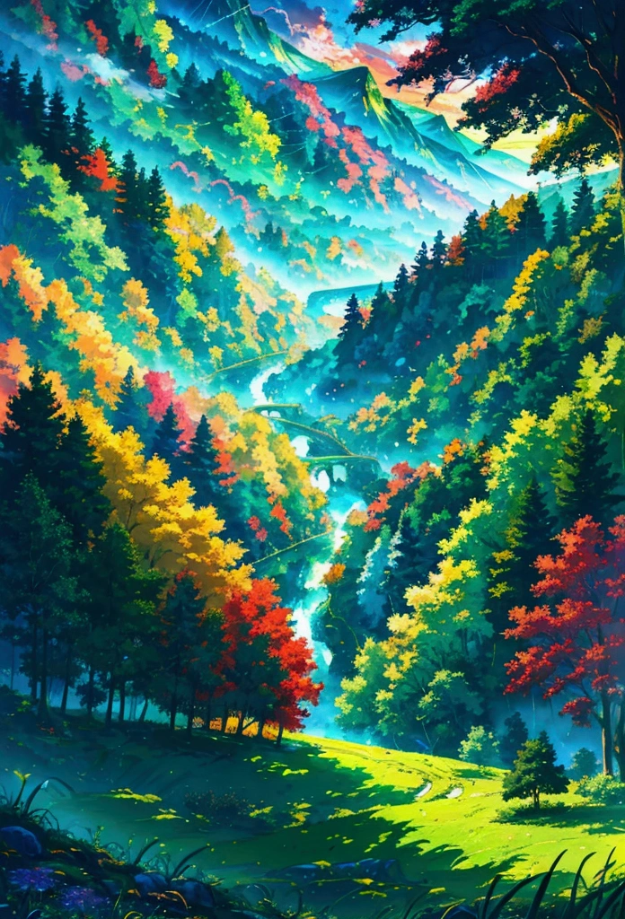 (masterpiece), anime style landscape, (colorful), vibrant colors, rolling hills, lush green forests, majestic mountains, serene lake, detailed foliage, dramatic lighting, fantasy atmosphere, cinematic composition, digital art, intricate details, highly detailed