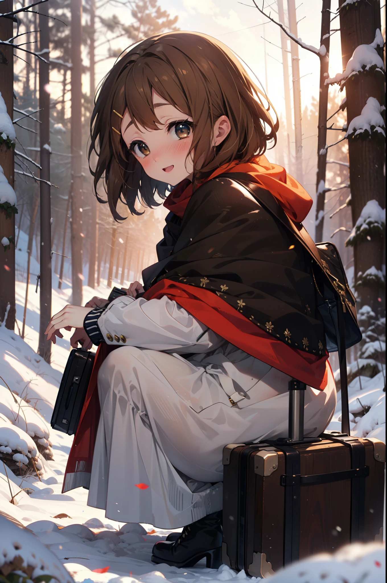 yuihirasawa, Yui Hirasawa, short hair, Brown Hair, hair ornaments, (Brown eyes:1.5), Hair Clip、smile,smile,blush,white breath,
Open your mouth,snow,Ground bonfire,, Outdoor, boots, snowing, From the side, wood, suitcase, Cape, Blurred, , forest, White handbag, nature,  Squat, Mouth closed, Cape, winter, Written boundary depth, Black shoes, red Cape break looking at viewer, Upper Body, whole body, break Outdoor, forest, nature, break (masterpiece:1.2), Highest quality, High resolution, unity 8k wallpaper, (shape:0.8), (Beautiful and beautiful eyes:1.6), Highly detailed face, Perfect lighting, Highly detailed CG, (Perfect hands, Perfect Anatomy),