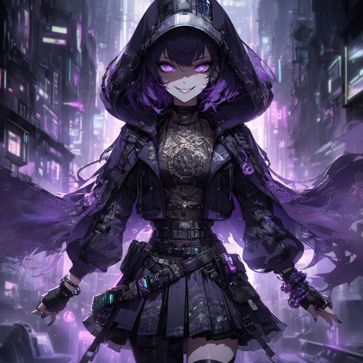 a lady that has Narrowed eyes, slightly pointed nose, Wide sinister grin with sharp teeth, Wearing a purple cape that is smoky and gaseous, wearing a top casual outfit that is fitted, stylish, purple colors, with intricate designs and symbols, wearing skirt with matching patterns and textures, bracelets, bracelets, rings, with mystical symbols, background that suit her outfit theme, her pose is Confident, almost arrogant stance. One hand on hip, other partially hidden by cape, the background is a cyberpunk cityscape, moody lighting with purples and blues. Highlights on face to accentuate grin and teeth, Shadowy, gaseous effects around cape.Subtle glowing symbols or runes on outfit and accessories, cyberpunk vibes, muted cyberpunk style, cyberpunk art style, hyper-realistic cyberpunk style, cyberpunk vibe, in cyberpunk style, cyberpunk with neon lighting, aesthetic cyberpunk, like a cyberpunk workshop, cyberpunk style, in cyberpunk aesthetic, in a cyberpunk setting, cyberpunk artstyle, cyberpunk look, advanced digital cyberpunk art, nude:0.8).