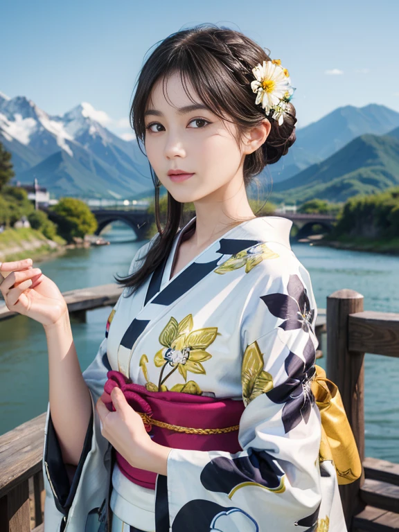 (Highest quality、 8k 、masterpiece、High resolution)、(whole body)、Vibrant colors、Brown-black bob、Traditional round topknot、Ample breasts、(Highly detailed face and eyes、Beautiful Face、Beautiful Eyes、Beautiful nose、Pretty lips)、 (Beautiful woman standing on a riverside observation deck)、(A friendly gaze)、(Oh!!Facial expression that)、(Vivid floral patterned kimono)、Official Art、 The background is a wide river、Nearby bridge、Riverside streetscape、Mountains in the distance、Detailed CG、