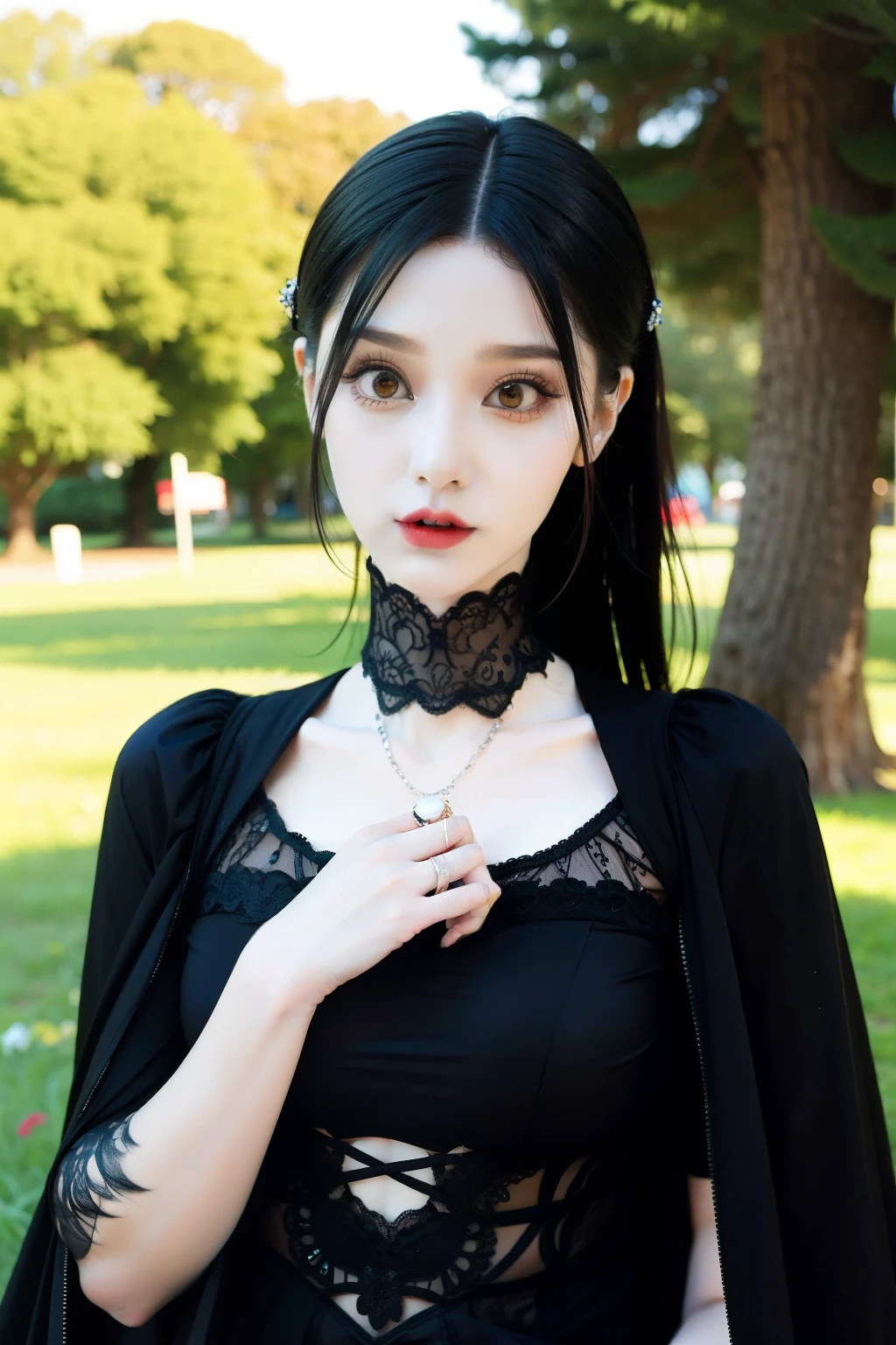 In a beautiful park a modern looking woman. It has a very colorful and striking kawaii gothic style.., with elegant makeup and a colorful wig.