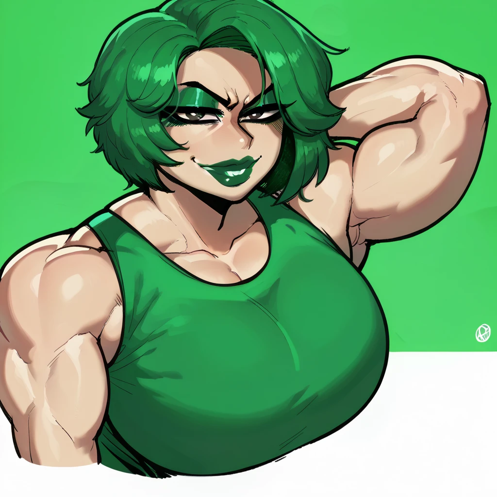 score_9, score_8_up, score_7_up, score_6_up, score_5_up, score_4_up, BREAK 1girl, ((muscular body:1)), intricate, (eyeliner:1.2), looking at viewer, green hair, green lips, detailed background,huge breasts (masterpiece, high quality:1), smirk, upper body focus.
