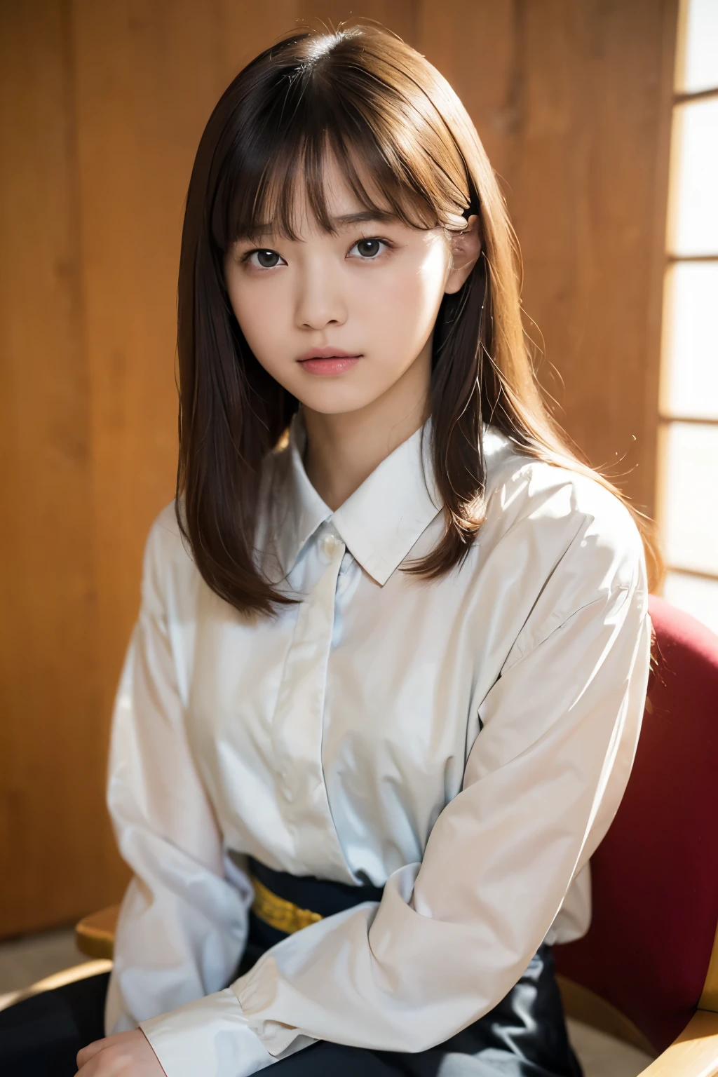 ((software: 1.4)), ((software, (Chair) , (Sitting) , (v Arms) , blouse, 1 girl)), Ultra-high resolution, (Realistic: 1.4), RAW Photos, Highest quality, (PhotoRealistic Stick), concentrated, Soft Light, ((15 years old)), ((Japanese)), (( (Young Face))), (surface), (Depth of written boundary), masterpiece, (Realistic), woman, bangs, ((1 girl))