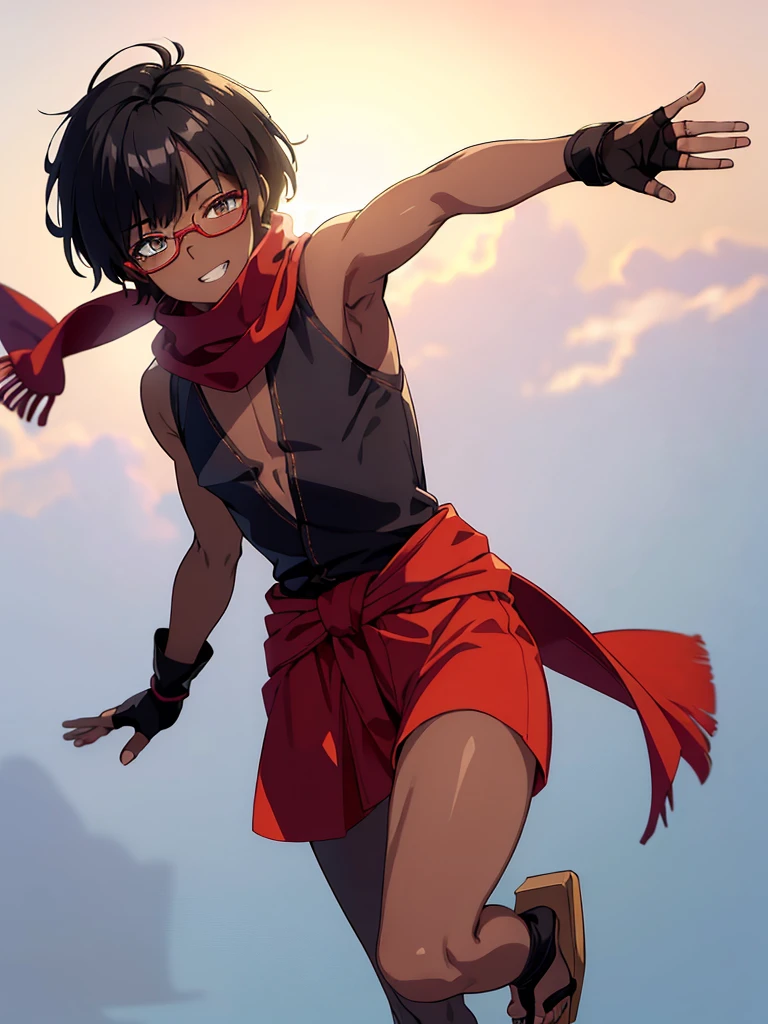 (flat chest), (masterpiece:1.2), highest quality, High resolution, unity 8k wallpaper, (fine and beautiful eyes:1.6), highly detailed face, perfect lighting, Detailed CG, (perfect hands, perfect anatomy), (1 boy:1.4), 20 years old,( black hair:1.3), extremely beautiful detailfeminine face and eyes, (grin smile), detailed eyes, best quality,( dark skin:1.8),   extremely detailed, very precise detailed,(glasses:1.3), blunt bangs, open mouth, (very short pixie cut:1.2), (geta:1.2),(fingerless gloves:1.5), half closed eyes,long sidelocks,(long red Scarf:1.3),(sleeveless yukata),  (flying_kick:1.2),
