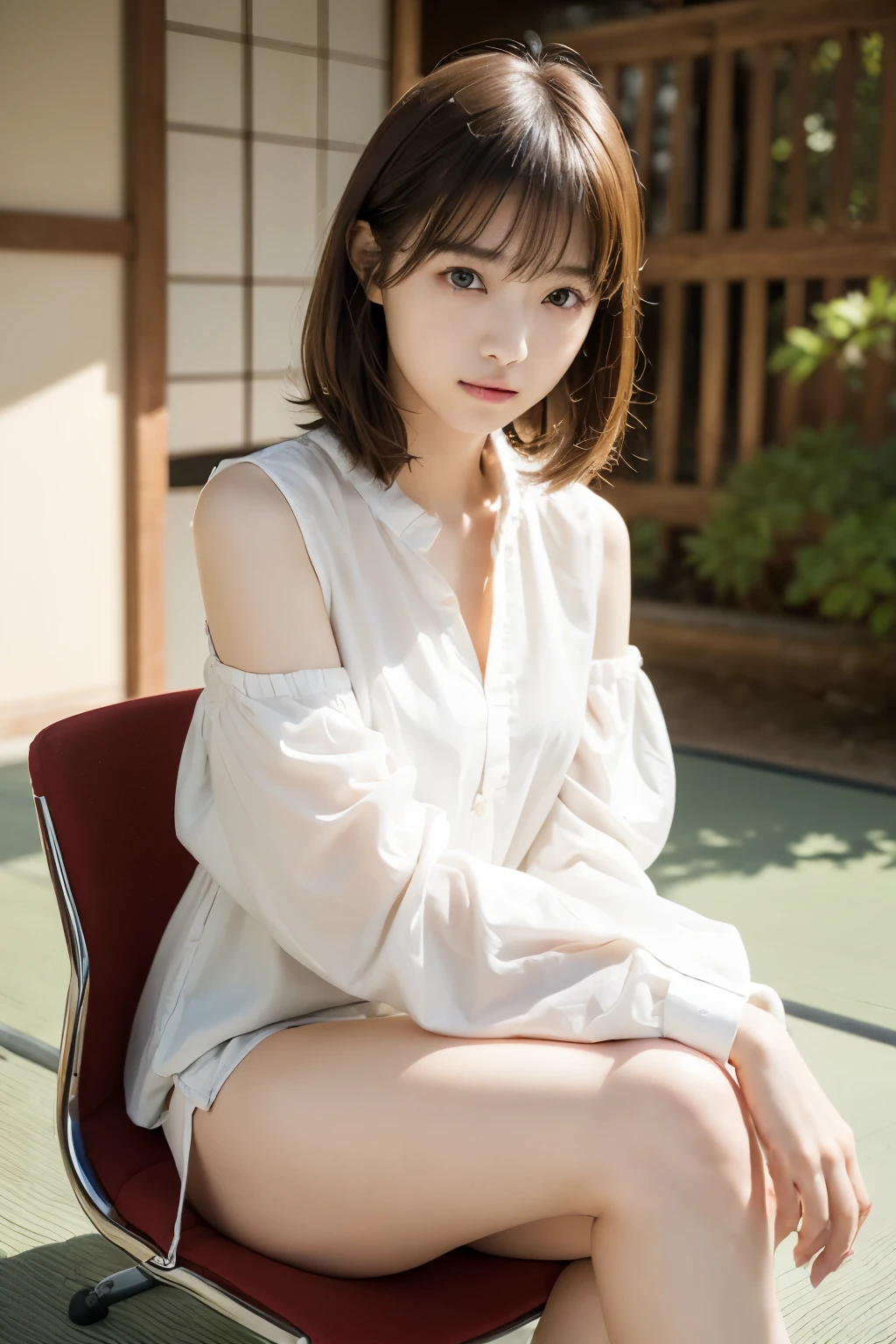 ((software: 1.4)), ((software, (Chair) , (Sitting) , (v Arms) , blouse, 1 girl)), Ultra-high resolution, (Realistic: 1.4), RAW Photos, Highest quality, (PhotoRealistic Stick), concentrated, Soft Light, ((15 years old)), ((Japanese)), (( (Young Face))), (surface), (Depth of written boundary), masterpiece, (Realistic), woman, bangs, ((1 girl))