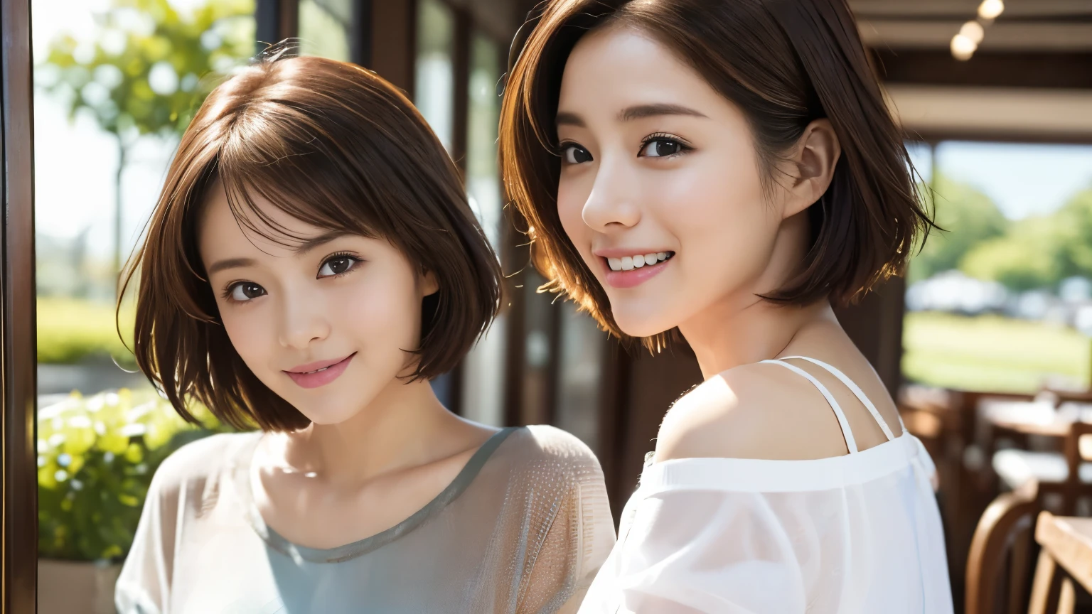 super high quality, smile, Slenderのネックレス, Slender, Gravure photoshoot, The staff is working at the counter in the back., (8k、RAW Photos、Highest quality、masterpiece:1.2), Japanese Idol, Stylish café, (Realistic、Photorealistic:1.37), Mesh Hair, Urban Cafe, Golden Ratio, Raw photo, Cute face , Light Brown Hair, Small breasts, Bright cafe interior, Blurred Background, Summer clothes, Beautiful hairstyle, Photographed inside the cafe, Hair blowing in the wind, Neat clothes, T-Shirts, Very Short Hair, 18-year-old, Stylish clothes,