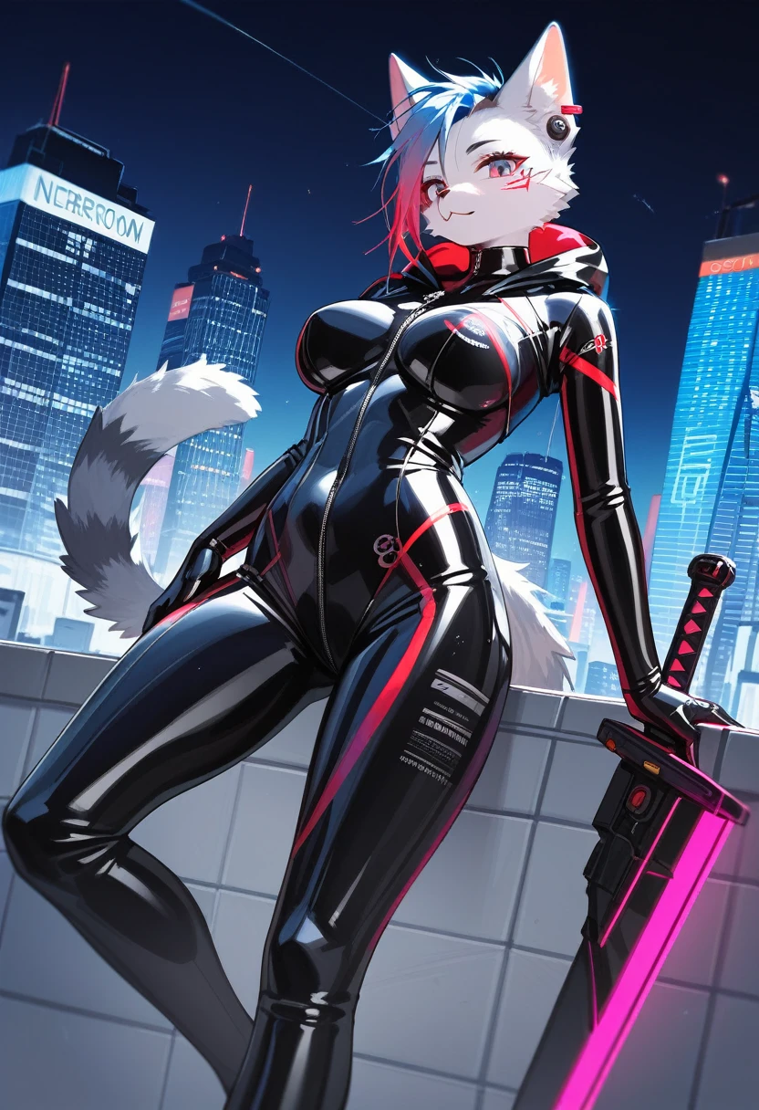 Highest quality, Highest quality, High quality illustrations, masterpiece, Ultra-high resolution, Detailed Background, skyscraper, rooftop, night, Absurd, Perfect Anatomy, performance, Good lighting, Shadows in the movies(kemono, Furry PersonifiCation), Cat, Rubber Suit, latex, neon, neonライト, neonカラー, Bodysuits, Cyber Suit, cyber punk, Rubber Hoodie, Holding a sword, Earrings, Tattoo Dynamic Angle