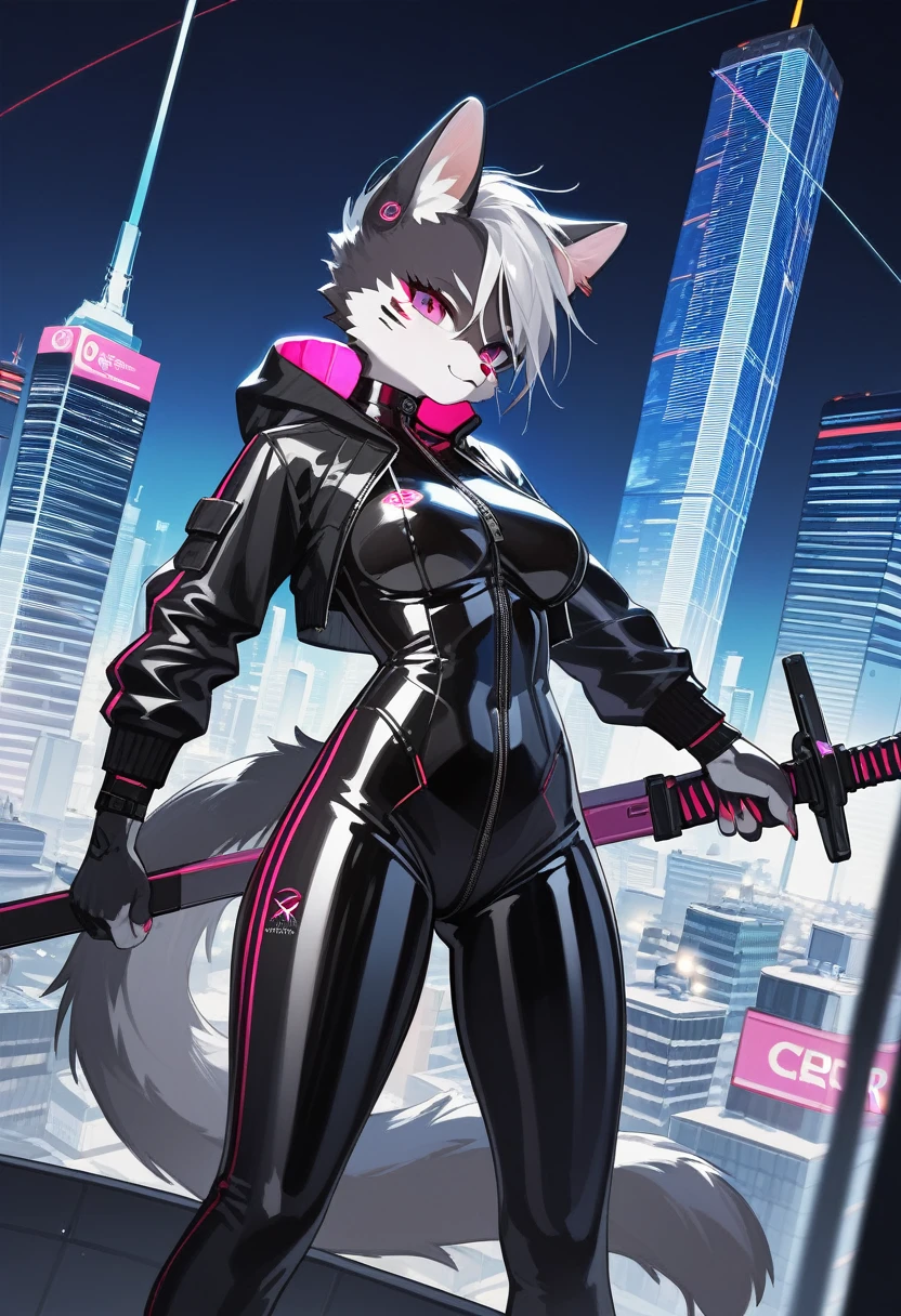 Highest quality, Highest quality, High quality illustrations, masterpiece, Ultra-high resolution, Detailed Background, skyscraper, rooftop, night, Absurd, Perfect Anatomy, performance, Good lighting, Shadows in the movies(kemono, Furry PersonifiCation), Cat, Rubber Suit, latex, neon, neonライト, neonカラー, Bodysuits, Cyber Suit, cyber punk, Rubber Hoodie, Holding a sword, Earrings, Tattoo Dynamic Angle