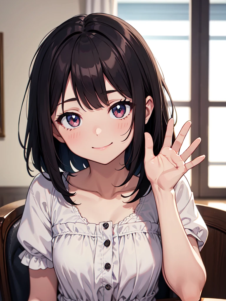 1girl, sitting on chair, waving, palm of hand, (head tilt), smile, white sundress, black hair, dark brown eye,
(from front:1.4), upper body, indoors,
anime, high brightness, detailed face, detailed eyes,
(high quality, ultra detailed, masterpiece, super detail, highres, anatomically correct, UDH),
anime style, extremely cute, good hands, good fingers