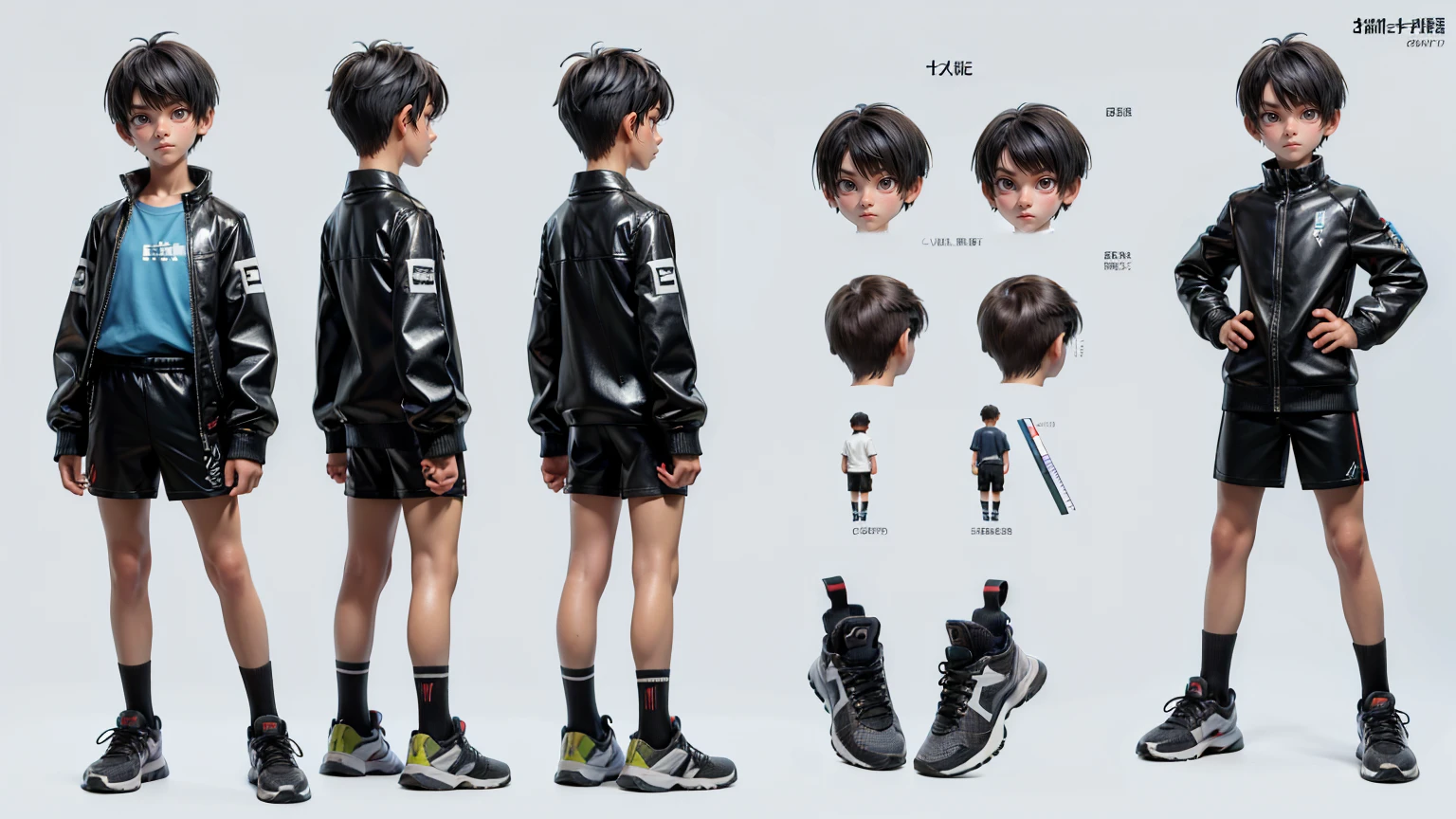 short height cute face boy, cute face, short height boy, wearing futuristic pent and shirt, sports shoes, full standing pose straight short hairs, Character Sheet, student, Full body, Simple white background, front pose character reference sheet, Concept art, design sheet