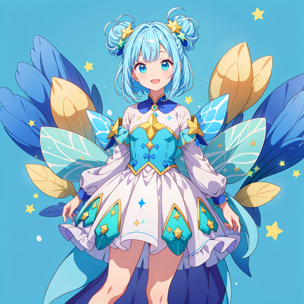 1girl、Standing in front of the viewer、Original, unique and cute hairstyle、Star Fairy、Star incarnation、Character design front view、A picture facing the viewer、(((Super detailed、Highest quality、Masterpiece)))、Milky white and blue hair color、Simple Green Background、vtuber-fullbody,