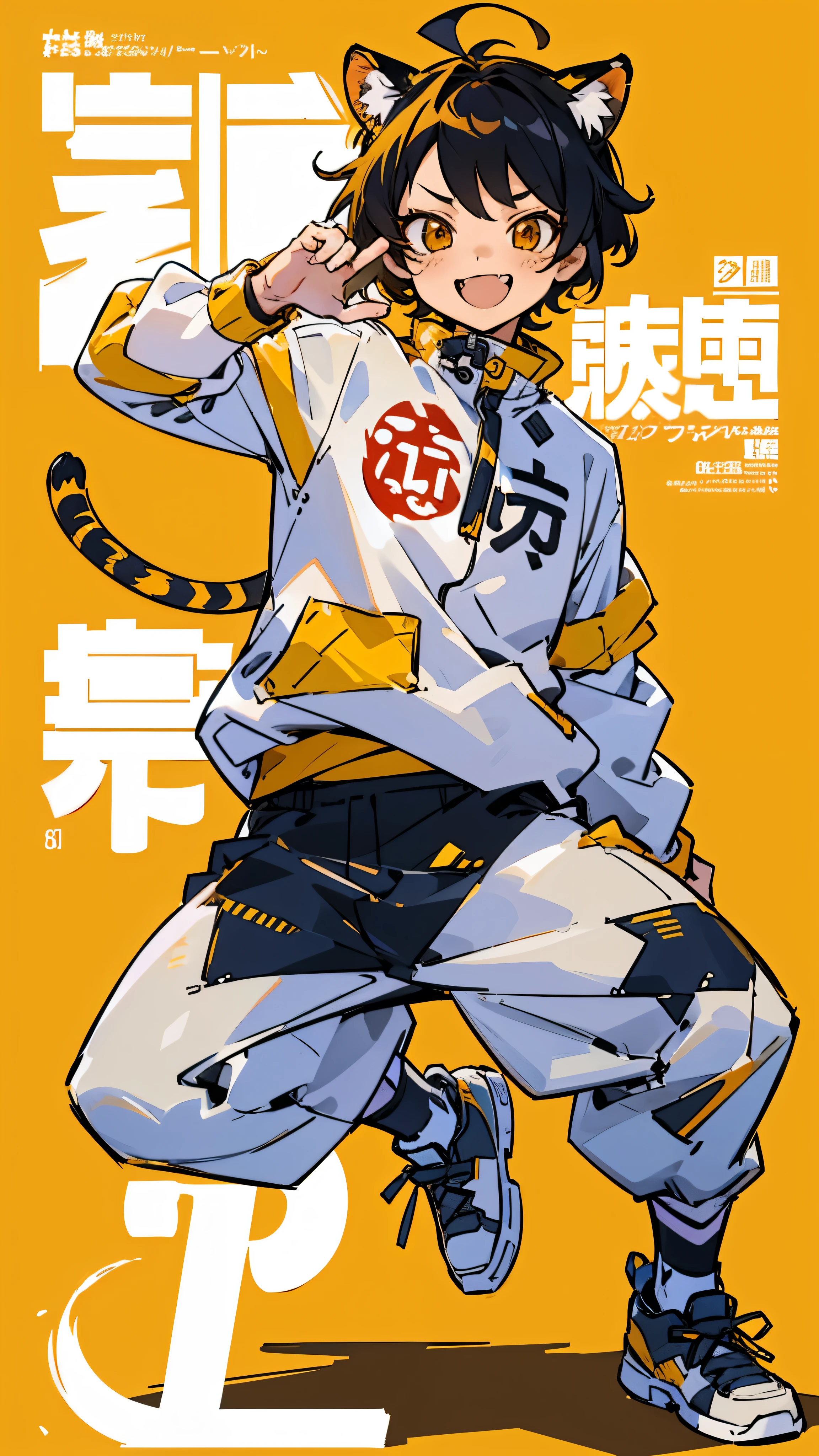 サイバーパンク, オーバーサイズパーカー, Wearing big sneakers, whole body, Simple Background, Magazine cover style, Tiger themed characters, amberのイメージカラー, Cheerful boy, Jumping, short hair, tsurime, cat ears, skin fang, grin, tachi-e, projected inset, UHD, best quality, highres, 8k