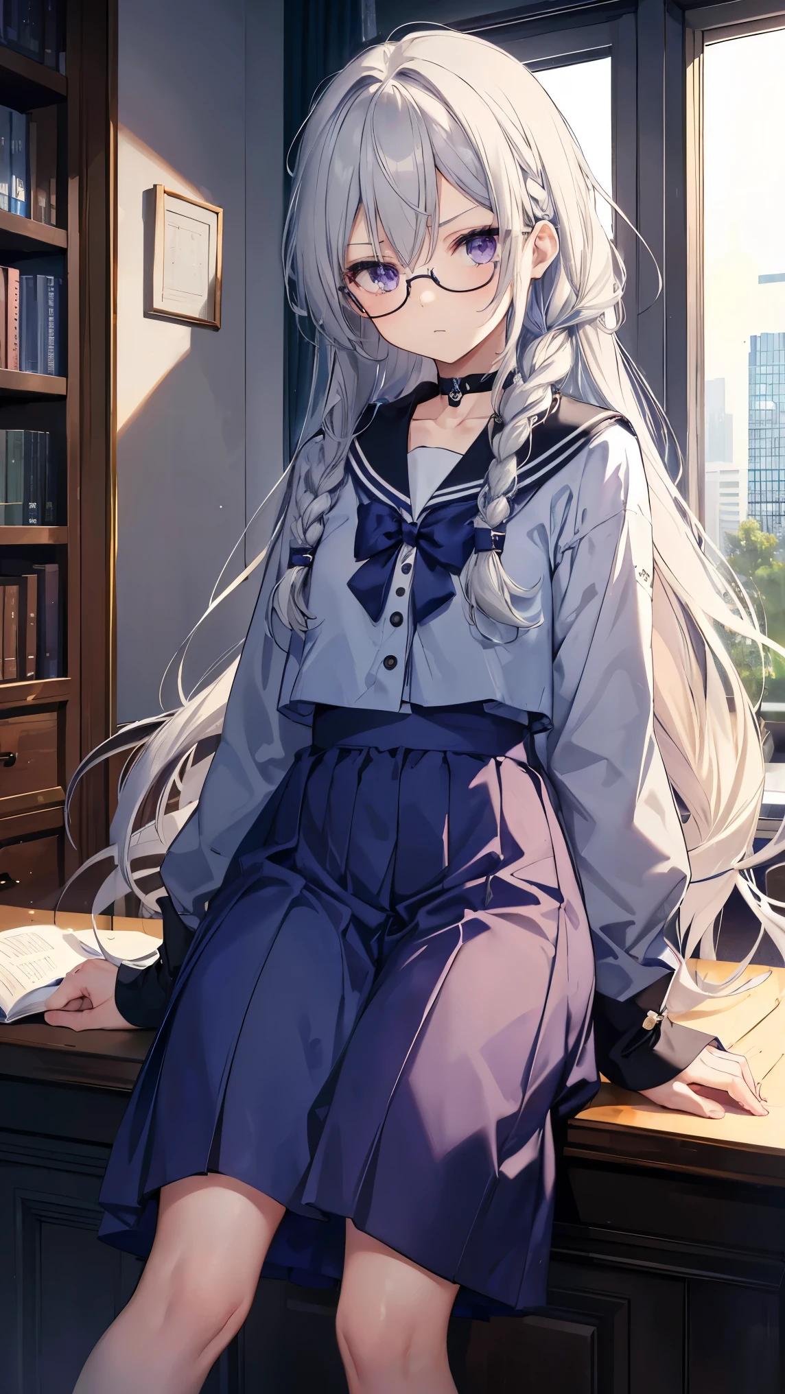 High resolution,high resolution,Girl,(Braiding,Gray Hair,Long Hair,Blue accent color),Purple Eyes,Slanted Eyes,Bad mood,boyish,slender,glasses,sit,Sailor suit,library,,choker,,