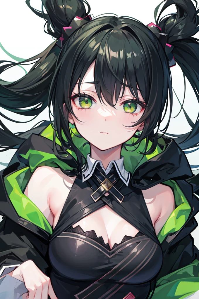 portrait, upper body face through torso, black hair, long wavy side ponytail, eromanga, half closed eyes, green eyes, boring face,dark green cloak, B cup