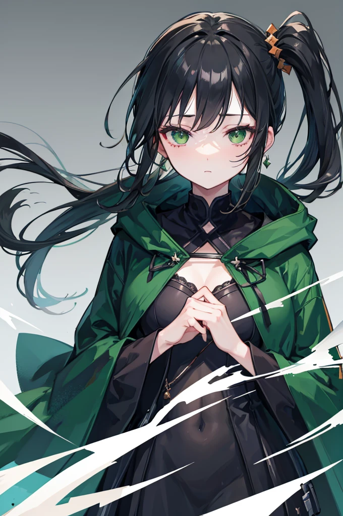 portrait, upper body face through torso, black hair, long wavy side ponytail, eromanga, half closed eyes, green eyes, boring face,dark green cloak, B cup