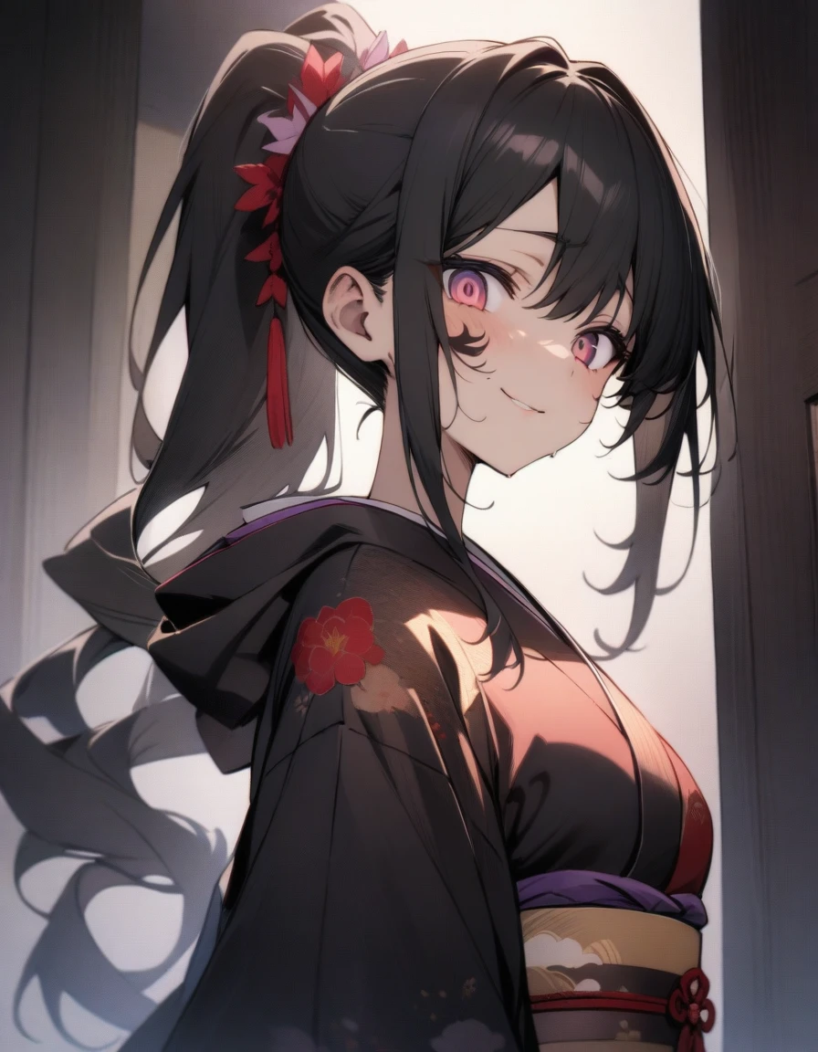 (masterpiece), best quality, expressive eyes, perfect face Beautiful Japanese woman cartoon, cartoon cute anime, Beautiful Japanese kimono, There a dragon embroidery on the kimono. kimono colour black and red, Japanese woman long hair, hair colour Black, hair style ponytail, single eyelids, eye style hooded and sultry and deep set and captivating and enigmatic, Facial expression smile, situation beautiful image.