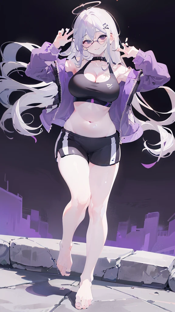 cement wall, Beautiful shades, (standing:1.5), city background, sunlight reflection, morning, soft shading, Dynamic Pose Dynamic Angle, [ 4k digital art ]!!,(big bust, prominent cleavage:1.5), (Black eyes with a slight purple tint:1.5), (a devastated expression, dead eyes, dark atmosphere:1.5), (very white and long hair, weak perm:1.5), (sports bra, extra long sports jacket, hot pants, :1.5), (bare foot, round-rimmed glasses:1.5), (Aegyo belly fat:1.5), (smiling faintly:1.5),(thin legs:1.1)