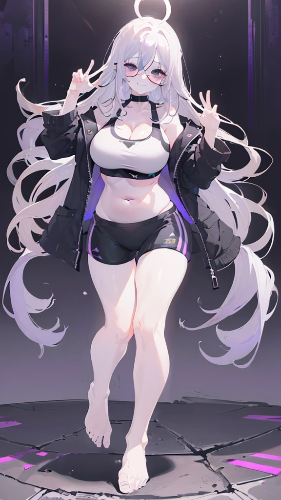 cement wall, Beautiful shades, (standing:1.5), city background, sunlight reflection, morning, soft shading, Dynamic Pose Dynamic Angle, [ 4k digital art ]!!,(big bust, prominent cleavage:1.5), (Black eyes with a slight purple tint:1.5), (a devastated expression, dead eyes, dark atmosphere:1.5), (very white and long hair, weak perm:1.5), (sports bra, extra long sports jacket, hot pants, :1.5), (bare foot, round-rimmed glasses:1.5), (Aegyo belly fat:1.5), (smiling faintly:1.5),(thin legs:1.1)