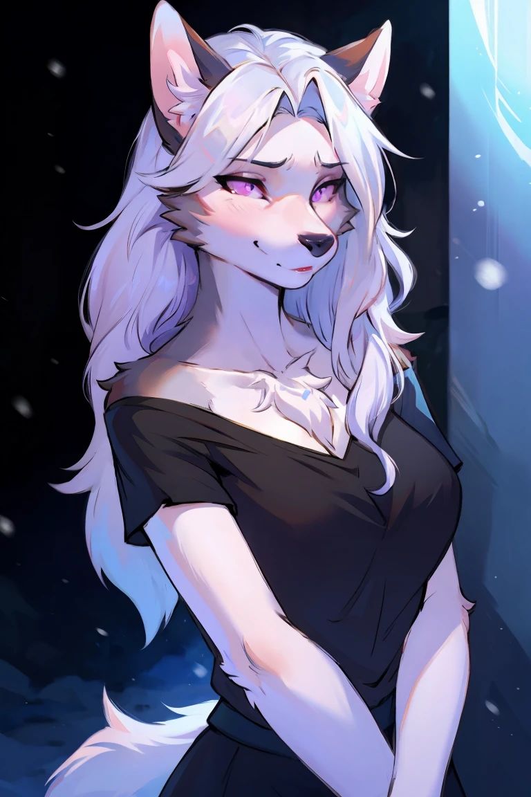  Top quality, best quality, High-quality illustrations, masterpiece, Ultra-high resolution, Detailed background, (Wolf_girl:1.2),Beautiful figure,Height 193 cm,close_up,(Fluffy anthropomorphic furry :1.6),curls,fur,Neck hair,Extremely fine fur,aldult, 33 years old, Mature, Solitary,Solitary, By fumiko, author：hyattlen, author Hioshiru,  Snow-white wolf girl, High target, Mature, nose, Long white hair, White ears, Purple Eyes, 黑nose, wearing a black top, portrait, blush, 咯咯lol, lol, Squinting, Head tilt, 腼腆的微lol, Shy, No background