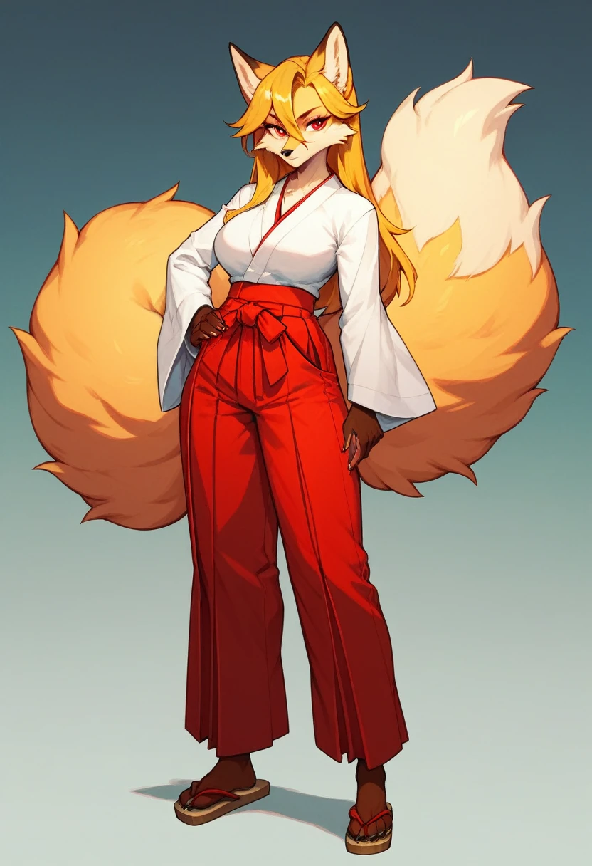 (full body,A Cup,The left hand is on the hip,The right hand is hidden),Fox woman, Furry, Golden fur, Golden facial fur, long golden hair, The hair on his hands is golden, Golden yellow hair on the back of the hand, Light-filled eyes, Red eyes, Brown elements of fur,Hakama,Very fine fur, Fluffy tail,A Cup