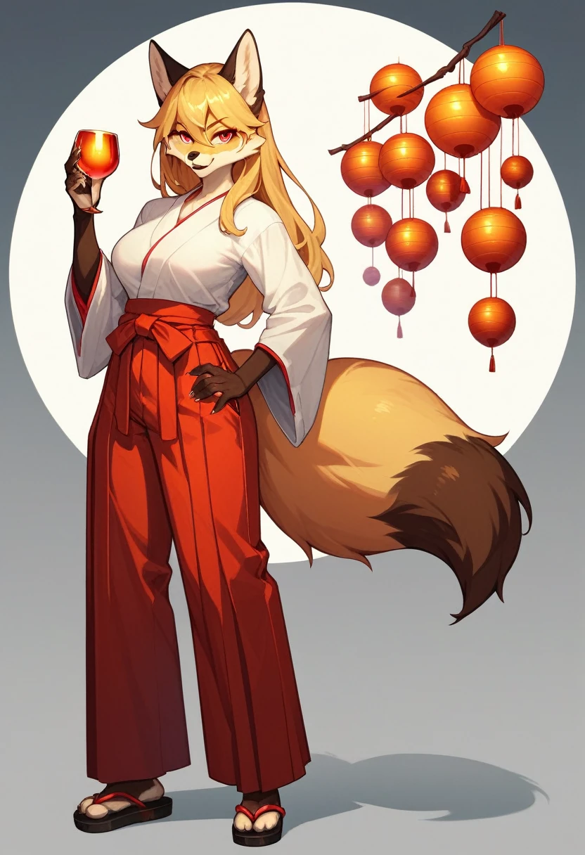 (full body,A Cup,The left hand is on the hip,The right hand is hidden),Fox woman, Furry, Golden fur, Golden facial fur, long golden hair, The hair on his hands is golden, Golden yellow hair on the back of the hand, Light-filled eyes, Red eyes, Brown elements of fur,Hakama,Very fine fur, Fluffy tail,A Cup