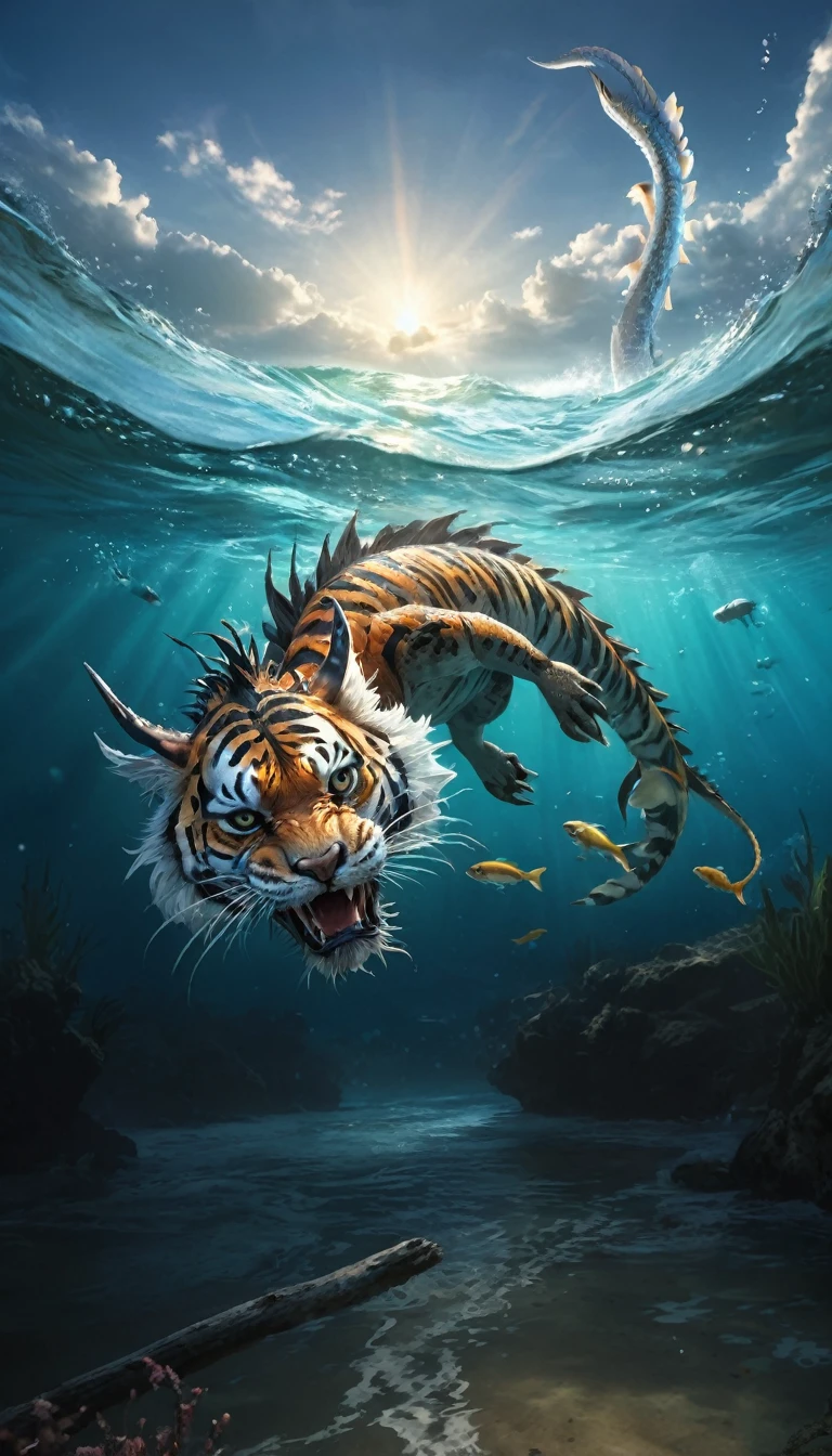 The painting shows a tiger and a fish swimming in the sea, Tiger crab creature, Aquatic organisms, Underwater sea monster, underwater Sea Dragon, Water Dragon, sea snake, Amazing depth, Realistic fantasy illustrations, shrike, Amazing wallpapers, Highly detailed numbers, The numbers are very detailed, Sea Dragon, river otter dragon, Chinese dragon concept art, 3D Epic Illustrations
