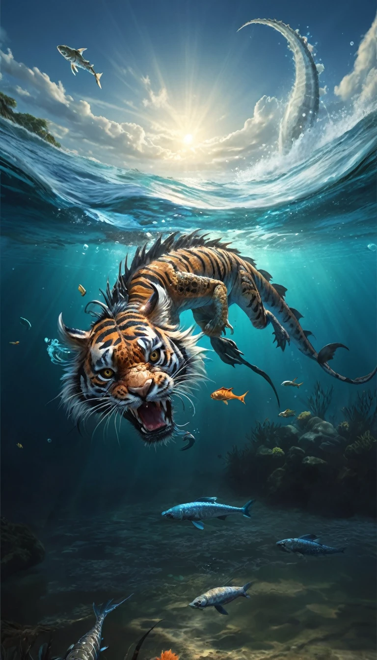 The painting shows a tiger and a fish swimming in the sea, Tiger crab creature, Aquatic organisms, Underwater sea monster, underwater Sea Dragon, Water Dragon, sea snake, Amazing depth, Realistic fantasy illustrations, shrike, Amazing wallpapers, Highly detailed numbers, The numbers are very detailed, Sea Dragon, river otter dragon, Chinese dragon concept art, 3D Epic Illustrations