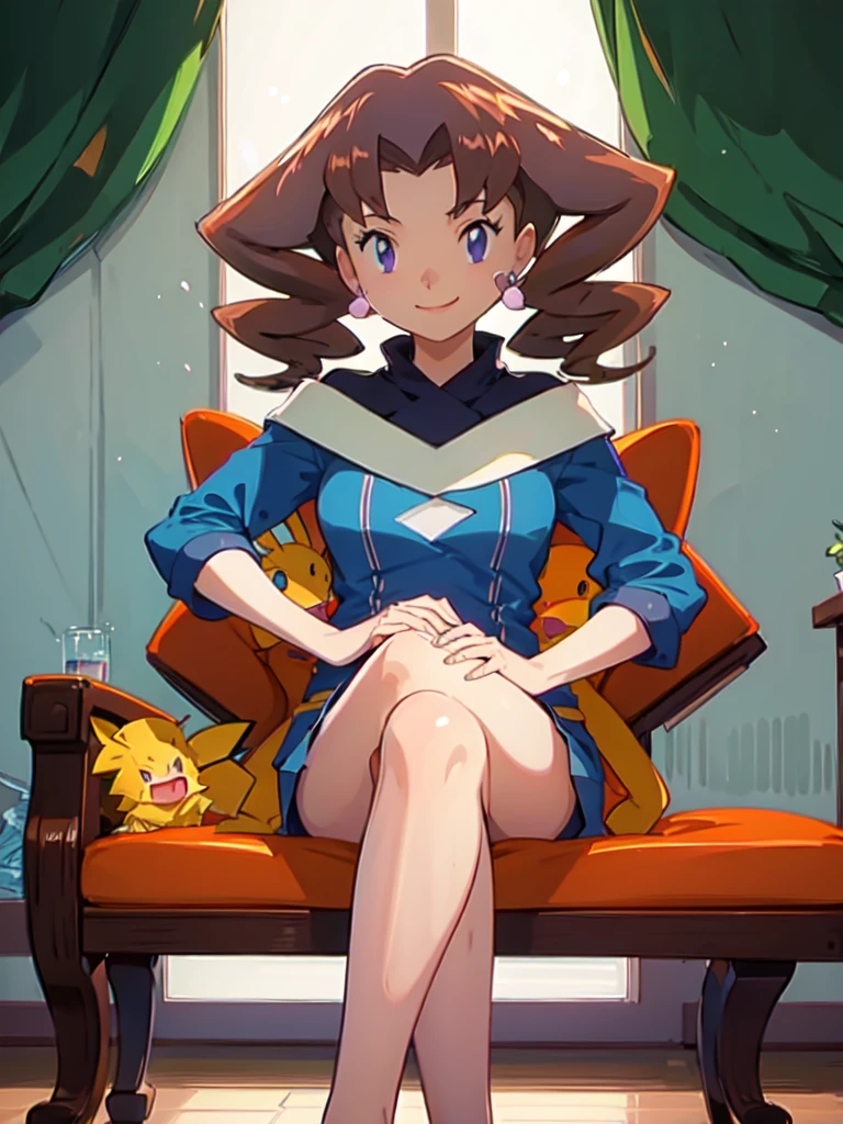 1girl, solo, sitting, smile,looking_down, smile,crossed_legs, masterpiece, high quality, best quality, Caroline_(pokemon)