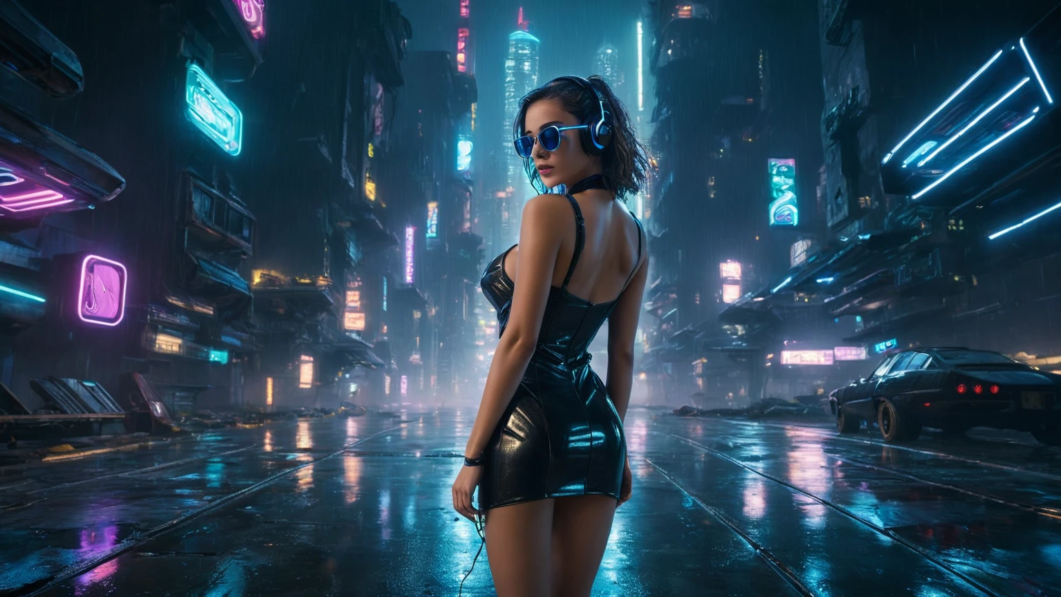 (aerial view, a flying cars docking platform, a very dark abandoned futuristic city, neon lights), rainy night. 1girl, solo, alone, large-breast:1.2 slim body, cleavage:1.1, sexy wind blowing wet dress:1.4, (headphone, black sunglasses), (((((she raised:1.8 a pistol:1.8 and took aim at viewer))))), dynamic pose, (((half-body thigh level medium shot))), cinematic lighting, lens flare, ray tracing.