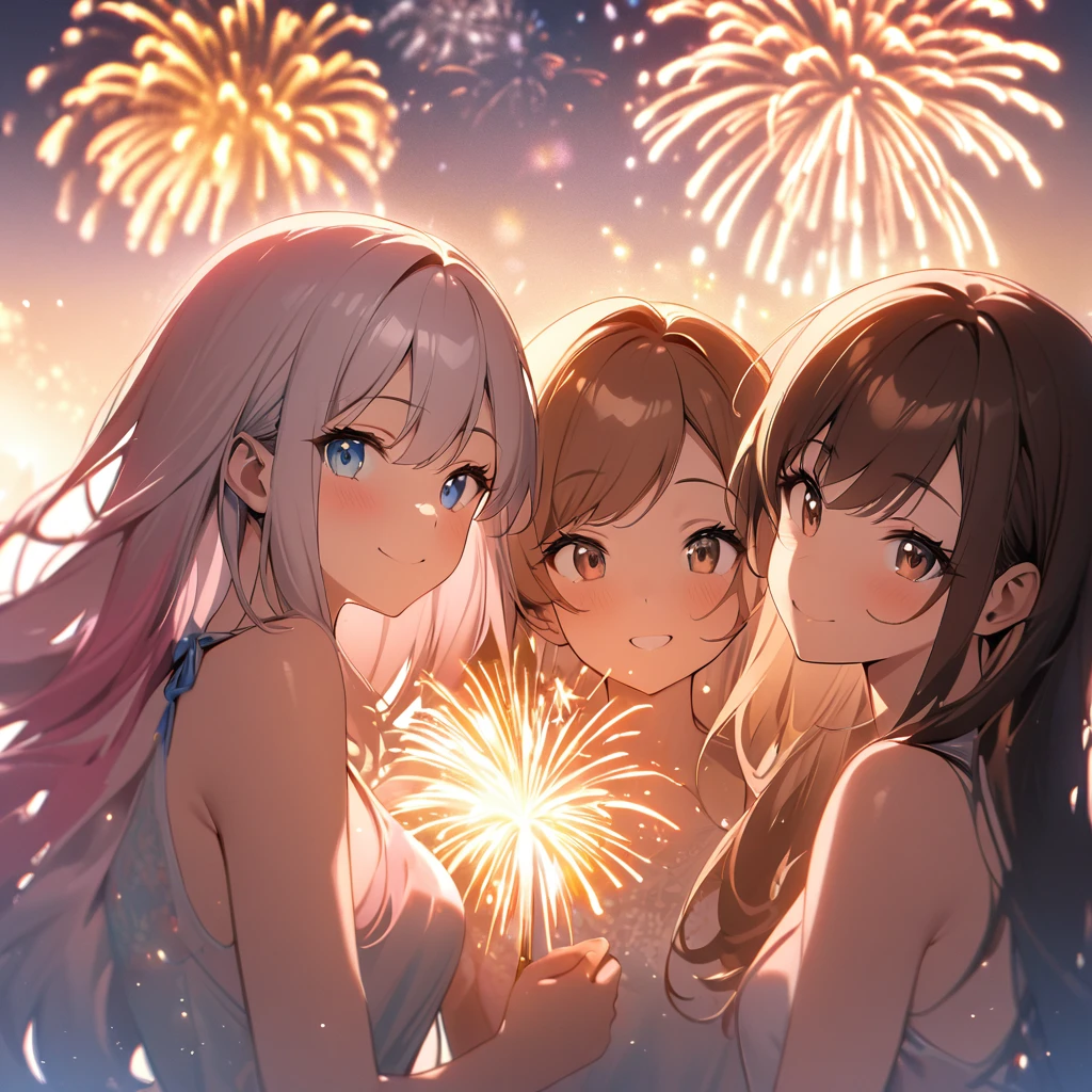 Highest quality, masterpiece, Three Girls,Brown Hair,Brown eyes,Double exposure,Silver Hair,,Long Hair,Blue eyes,Pink Hair,Pink eyes, The best smile, Doing fireworks,Golden light particle effect,summer