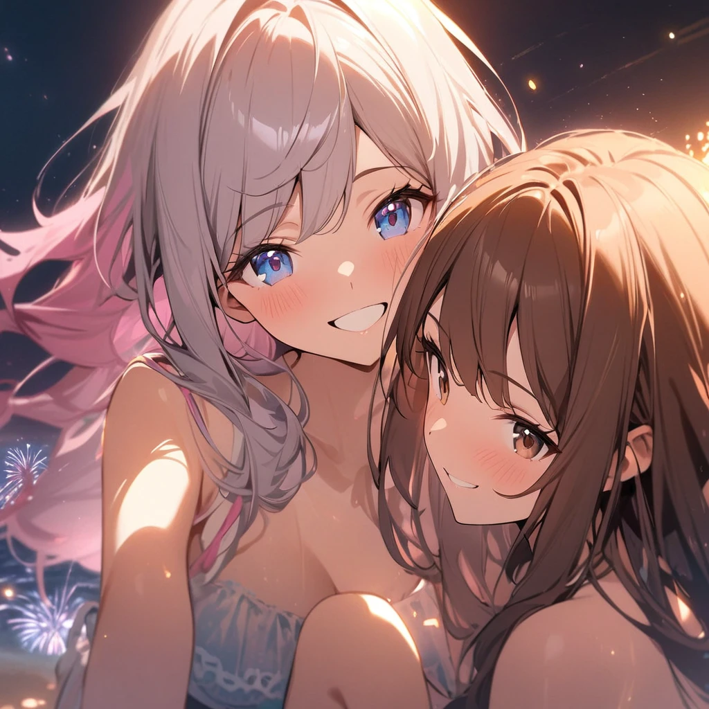 Masterpiece, best quality, (night),  (mountain top),(((Beautiful fireworks))) , highlight, wallpaper, ( 2 girls), angel and devil, alternating hair length, (blonde), (silver hair), cross bangs, ahoge, hime_cut, straight hair, curly_hair, double braid, high ponytail, hair over breasts, star hair ornament, crescent hair ornament, long eyelashes, light blush, Red Eyes, Black Eyes, Half-Closed Eyes, Eye Shadow, Alternating Breast Size, Bouncing Breasts, Dangling Breasts, Dress, off_shoulder, Thighs, High Heels, Pendant, Cross Necklace, Smell, eye_contact, Hug, Grab Someone's Hair, (((Close Face))), ((Face to Face)), ((Kissing Soon)), ((Moon Close-up)), Two Girls Looking at Each Other, ((Side Face))), Vista, Depth of Field, Full Body Shot
