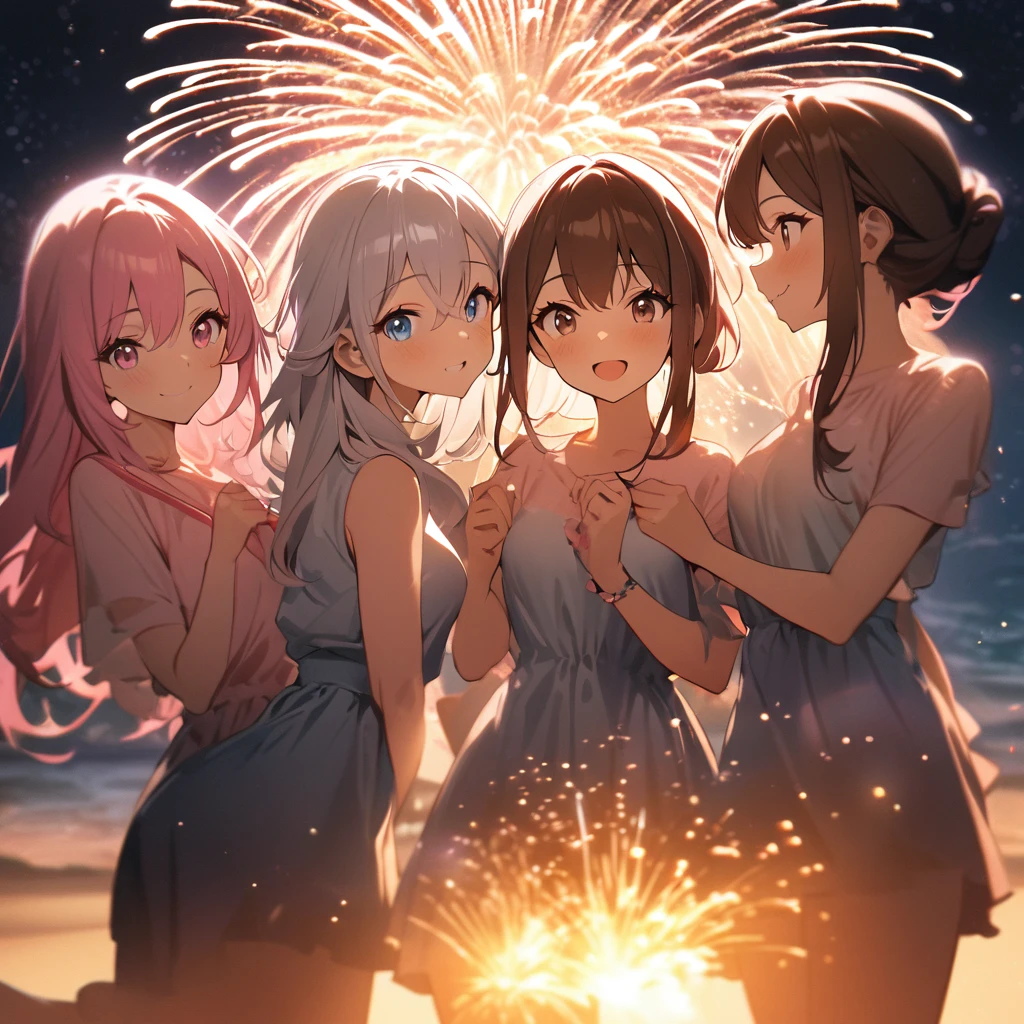 Highest quality, masterpiece, Three Girls,Brown Hair,Brown eyes,Double exposure,Silver Hair,,Long Hair,Blue eyes,Pink Hair,Pink eyes, The best smile, Doing fireworks,Golden light particle effect,summer