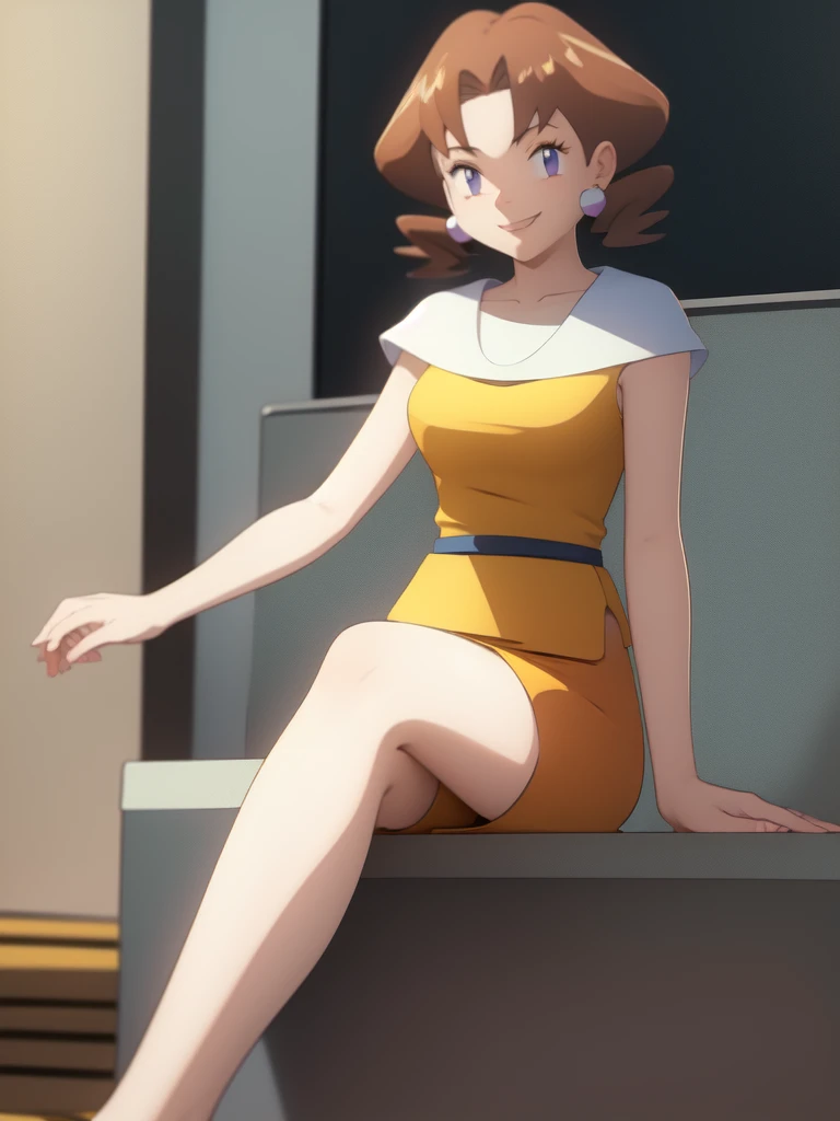 1girl, solo, sitting, smile,looking_down, smile,crossed_legs, masterpiece, high quality, best quality, Caroline_(pokemon)