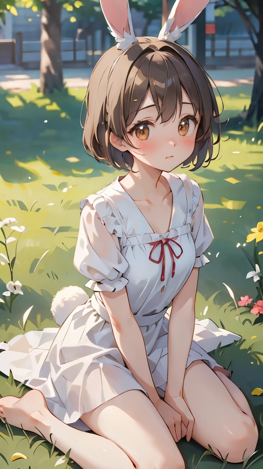 ((masterpiece, Highest quality)),One girl, alone, animal ears, Rabbit, barefoot, skirt, Sitting, Rabbit ears, Short sleeve, (teasing, shy, blush: 1.3), Looking at the audience, Grass, short hair, Gray Hair, Puff sleeves, Outdoor, fluffy Short sleeve, bangs, On the ground, whole body, animal, White Dress, sunlight, Brown eyes, mottled sunlight, Daytime,