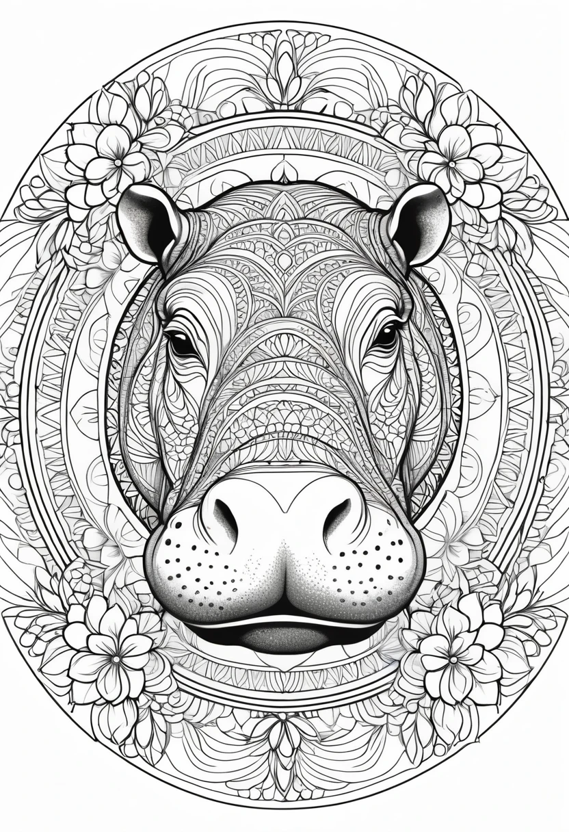 A striking black and white line art coloring page designed for adults with white background, featuring a majestic Hippopotamus in a mandala-inspired style. The Hippopotamus is adorned with intricate patterns that include floral and geometric designs, making it an engaging and detailed work of art. The illustration focuses on crisp, clean lines and bold outlines, without any shading or color, allowing the user to bring their own vibrancy to the piece. The minimalistic design, with its thick lines and absence of background details, creates a soothing coloring experience for adults seeking calming and creative activities. illustration