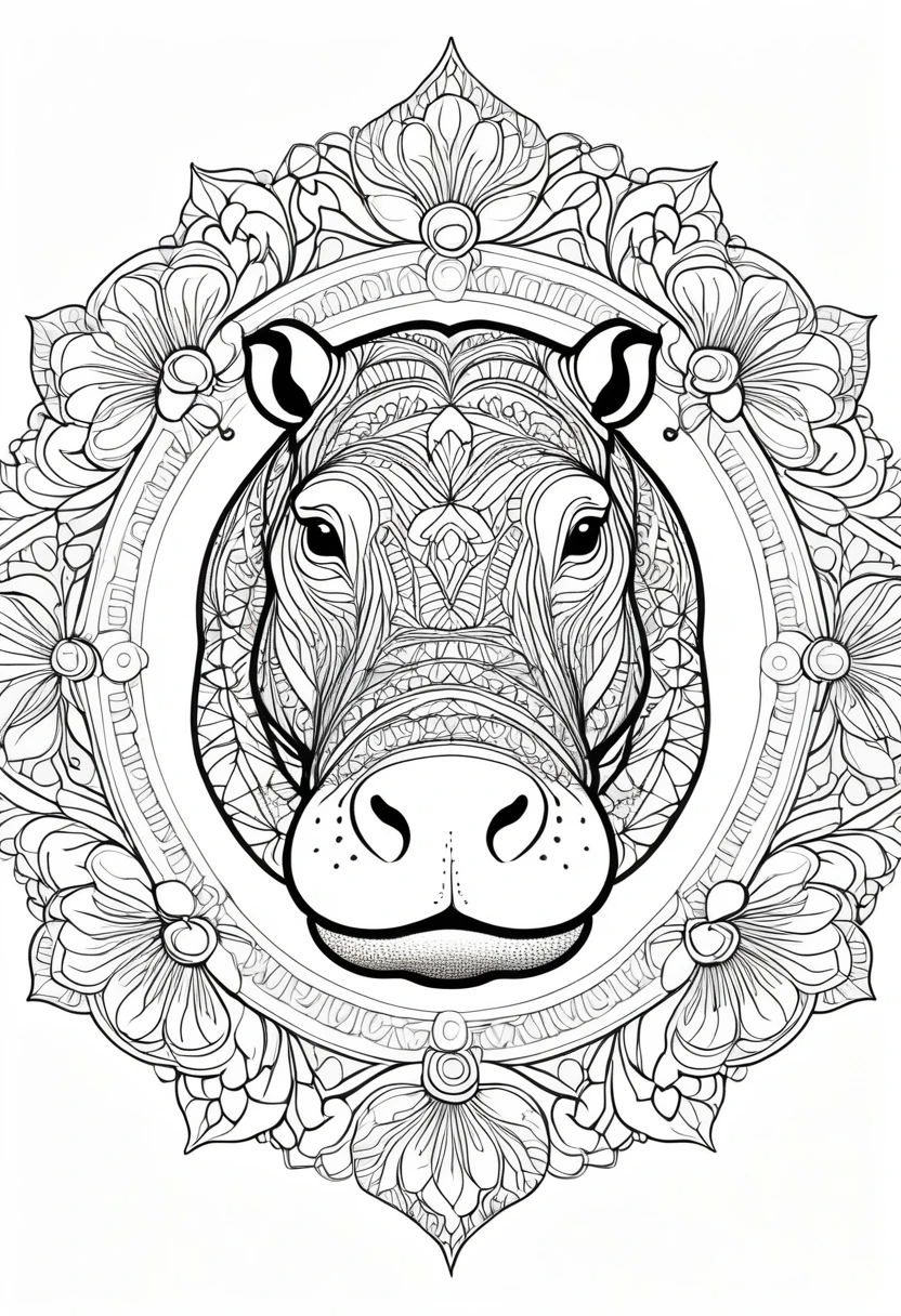 A striking black and white line art coloring page designed for adults with white background, featuring a majestic Hippopotamus in a mandala-inspired style. The Hippopotamus is adorned with intricate patterns that include floral and geometric designs, making it an engaging and detailed work of art. The illustration focuses on crisp, clean lines and bold outlines, without any shading or color, allowing the user to bring their own vibrancy to the piece. The minimalistic design, with its thick lines and absence of background details, creates a soothing coloring experience for adults seeking calming and creative activities. illustration