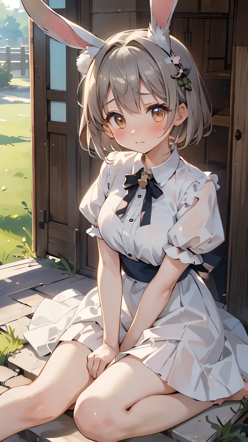 ((masterpiece, Highest quality)),One girl, alone, animal ears, Rabbit, barefoot, skirt, Sitting, Rabbit ears, Short sleeve, (teasing, shy, blush: 1.3), Looking at the audience, Grass, short hair, Gray Hair, Puff sleeves, Outdoor, fluffy Short sleeve, bangs, On the ground, whole body, animal, White Dress, sunlight, Brown eyes, mottled sunlight, Daytime,