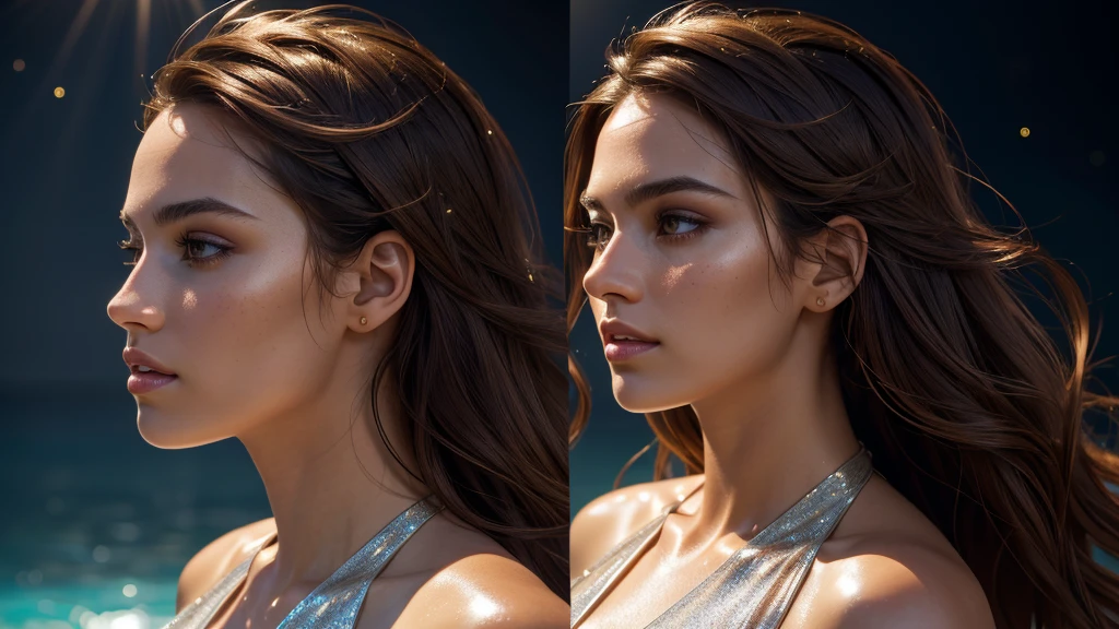 Estelle, side profile portrait, basic swimsuit, character design sheet, different angles, different poses, glistening skin, studio, super detailed, HD, visible pores, perfect hair, very detailed hair, perfect, very beautiful, a hyper realistic, masterpiece, highly detailed, cinematic lighting, ray tracing, cinematic composition. award winning photo, high contrast, light sparkles, clear face, beautiful dark brown eyes