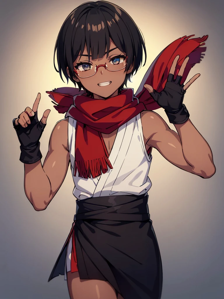 (flat chest), (masterpiece:1.2), highest quality, High resolution, unity 8k wallpaper, (fine and beautiful eyes:1.6), highly detailed face, perfect lighting, Detailed CG, (perfect hands, perfect anatomy), (1 boy:1.4), 20 years old,( black hair:1.3), extremely beautiful detailfeminine face and eyes, (grin smile), detailed eyes, best quality,( dark skin:1.8), extremely detailed, very precise detailed,(glasses:1.3), blunt bangs, open mouth, (very short pixie cut:1.2), (geta:1.2),(fingerless gloves:1.5), half closed eyes,long sidelocks,(long red Scarf:1.3),(sleeveless yukata), (flying_kick:1.2),