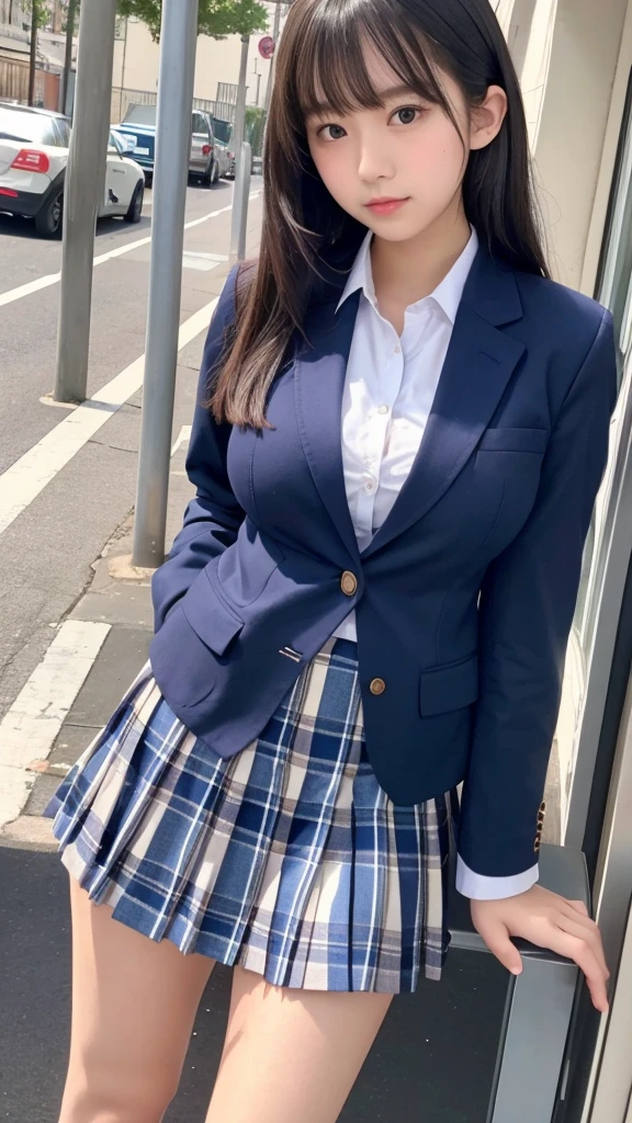 18-year-old high school girl、Navy blue blazer uniform、Light blue checkered mini skirt、whole body、Big Breasts