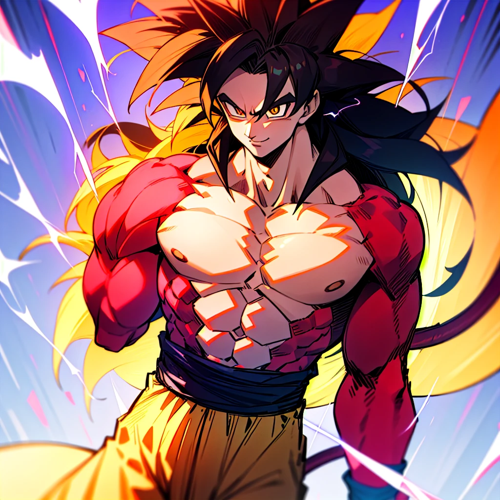 highres, HD quality, (best quality),((masterpiece)), vibrant colors, son goku, son goku gt,1boy,closed mouth, solo, super saiyan 4, dragon ball gt, yellow pants, black boots, blue ribbon, ((some red fur on arms and chest)), red saiyan tail, (very long hair), (red eyeliner),male focus, muscular, muscular male, pectorals, solo, spiked hair,((black hair)), (((pupils))),yellow eyes,standing,spiked hair, red aura, electricity, smile,upper body,