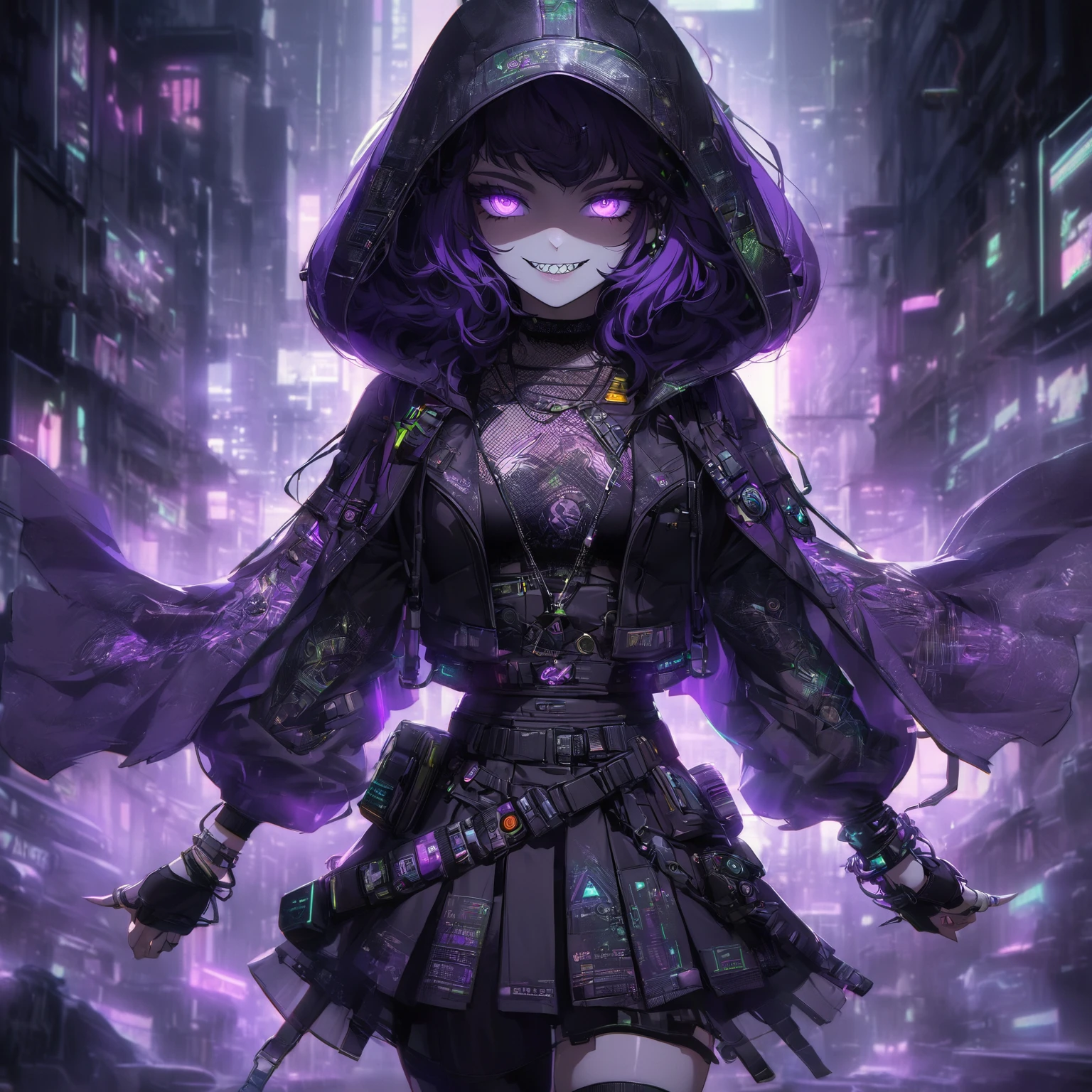 a lady that has Narrowed eyes, slightly pointed nose, Wide sinister grin with sharp teeth, Wearing a purple cape that is smoky and gaseous, wearing a top casual outfit that is fitted, stylish, purple colors, with intricate designs and symbols, wearing skirt with matching patterns and textures, bracelets, bracelets, rings, with mystical symbols, background that suit her outfit theme, her pose is Confident, almost arrogant stance. One hand on hip, other partially hidden by cape, the background is a cyberpunk cityscape, moody lighting with purples and blues. Highlights on face to accentuate grin and teeth, Shadowy, gaseous effects around cape.Subtle glowing symbols or runes on outfit and accessories, cyberpunk vibes, muted cyberpunk style, cyberpunk art style, hyper-realistic cyberpunk style, cyberpunk vibe, in cyberpunk style, cyberpunk with neon lighting, aesthetic cyberpunk, like a cyberpunk workshop, cyberpunk style, in cyberpunk aesthetic, in a cyberpunk setting, cyberpunk artstyle, cyberpunk look, advanced digital cyberpunk art, nude:0.8).